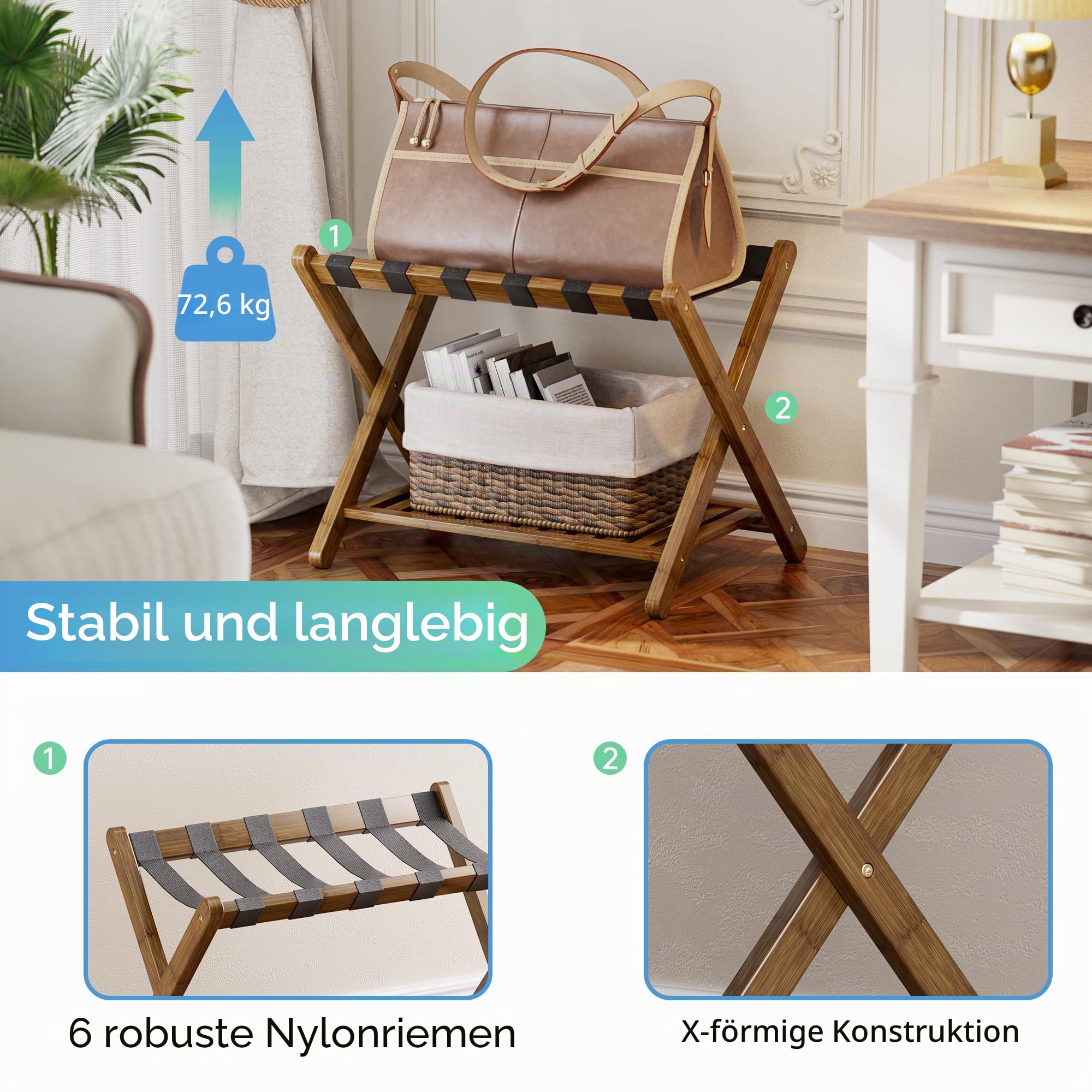 SMIBUY Gepäckablage, 2er-Set, faltbarer Kofferständer aus Bambus mit Ablage für Gästezimmer, Schlafzimmer, Hotel, Heavy-Duty (Walnussfarben)