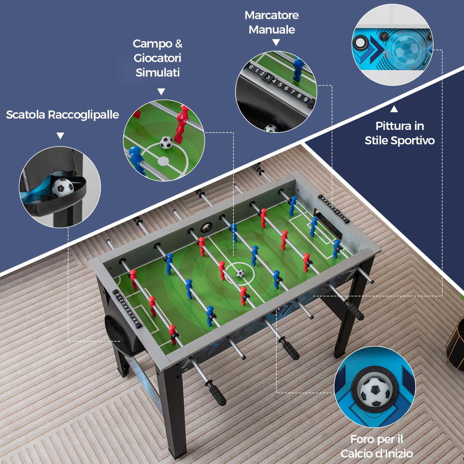 COSTWAY Calcio Balilla per Bambini e Adulti, Tavolo da Calcio con 2 Palloni, Manico Liscia, 18 Giocatori Realistici, Mini Calcetto con Versatile per Sala Giochi, Ufficio e Festa, 95 x 53,5 x 76,5 cm
