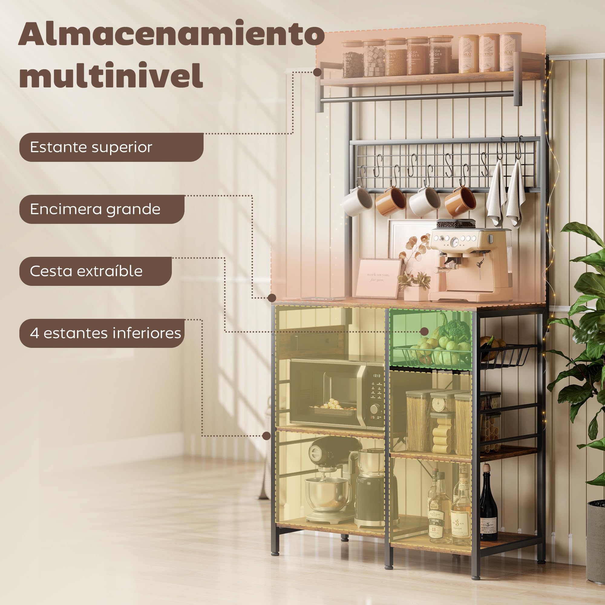 HOMCOM Estantería de Cocina con Tres Enchufes y Luces LED, Estantería de Panadería Industrial con Estantes para Microondas, Cesta de Malla Metálica, 10 Ganchos, Barra 80x42x162 cm, Marrón Rústico