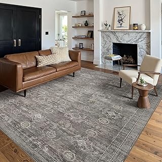 Area Rugs 5x7 for Living Room Bedroom, Grey Washable Rug, Vintage Retro Boho Rug, Non Slip & Low Pile Faux Wool Thin Carpet for Indoor Dining Room, Dorm and Kids Room(Taupe/Grey 5x7ft)