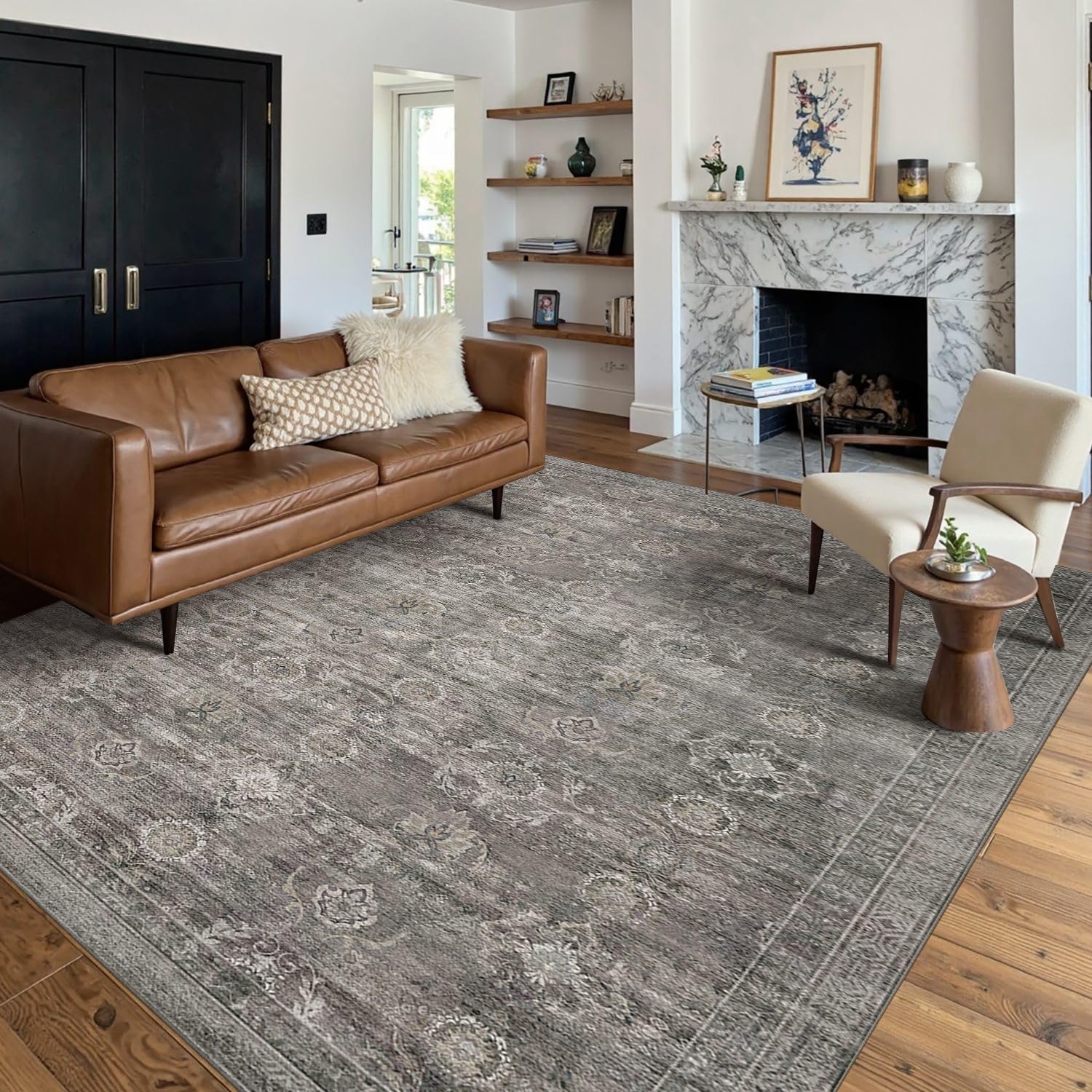 Rugxara Area Rugs 5x7 for Living Room Bedroom, Grey Washable Rug, Vintage Retro Boho Carpet, Non Slip & Low Pile Faux Wool Thin Carpet for Indoor Dining Room, Dorm and Kids Room(Taupe/Grey 5x7ft)