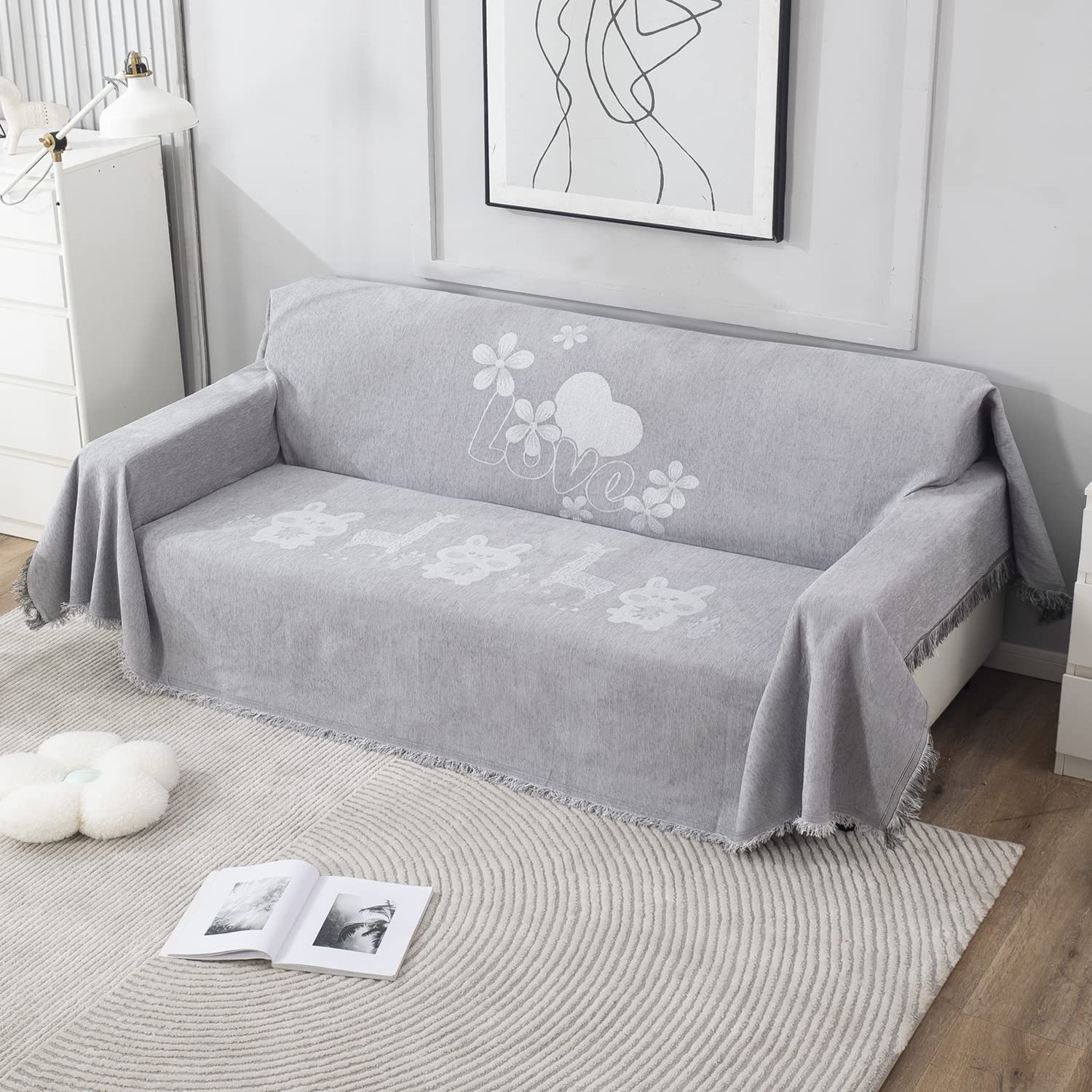 HOKIPO Chenille Sofa Couch Cover Throws Blanket Slipcover 3 Seater, 180 (D) x 300 (L) cm, Grey (AR-4636-D4)