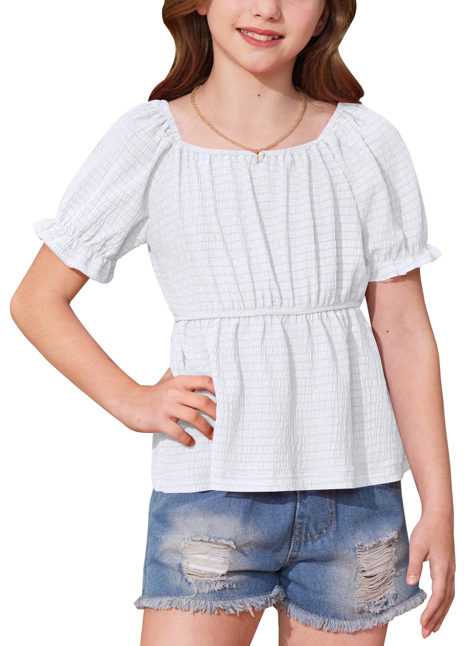 BesserBay Girls Summer Shirts Square Neck Off Shoulder Puff Sleeve Ruffle Hem Casual Tops 6-14 Years