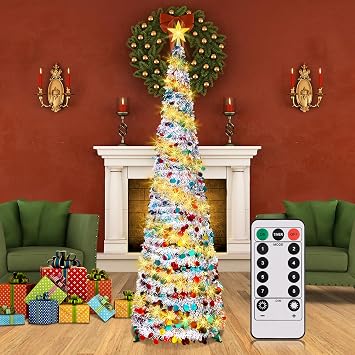 6FT LED Collapsible Christmas Tree with 100 pcs Warm White Lights, Pop Up Sequin Christmas Tree with Timer&8 Lighting Modes, Slim Pencil Tinsel Lighted Christmas Tree for Home Decor-Sliver
