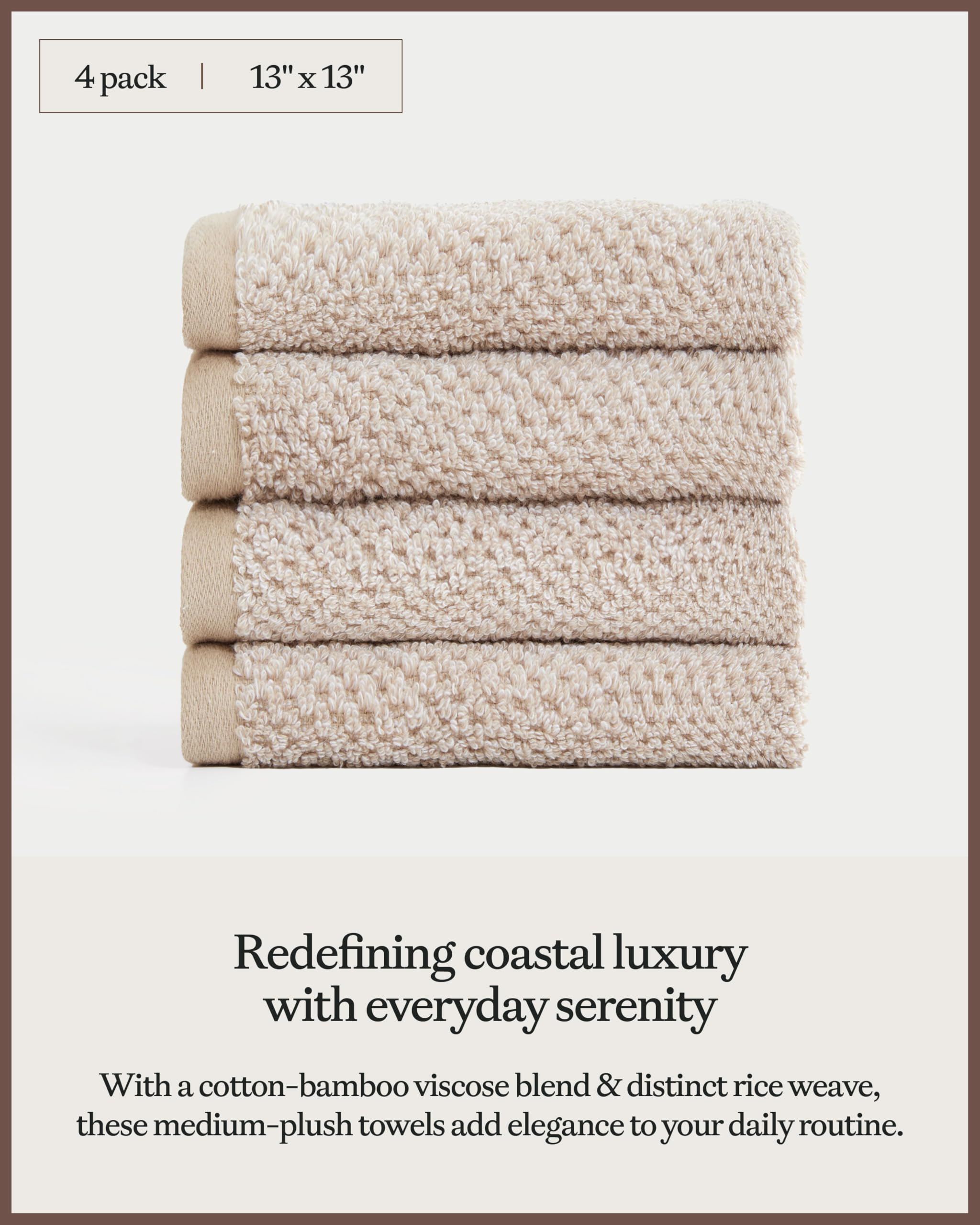 Cozy Earth Nantucket 60% Cotton 40% Viscose from Bamboo Washcloth - 600 GSM Plush & Fast-Drying with Rice Weave Pattern - 4 Pack 13" x 13" Luxury Washcloth - Sand