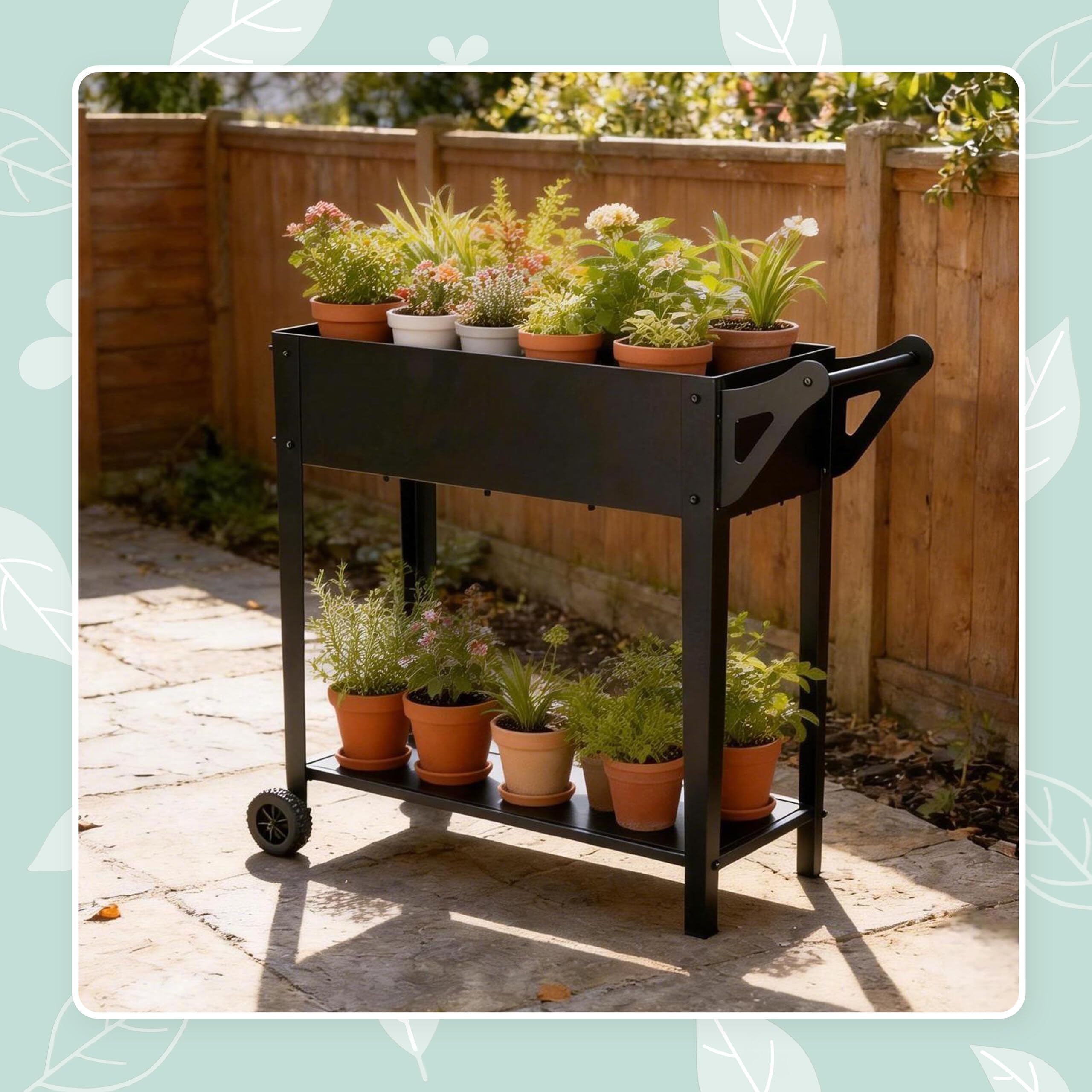 Relaxdays Jardinera elevada con Estante, 2 Ruedas, jardín, balcón y terraza, 80 x 85 x 50 cm, Jardinera móvil, Negro