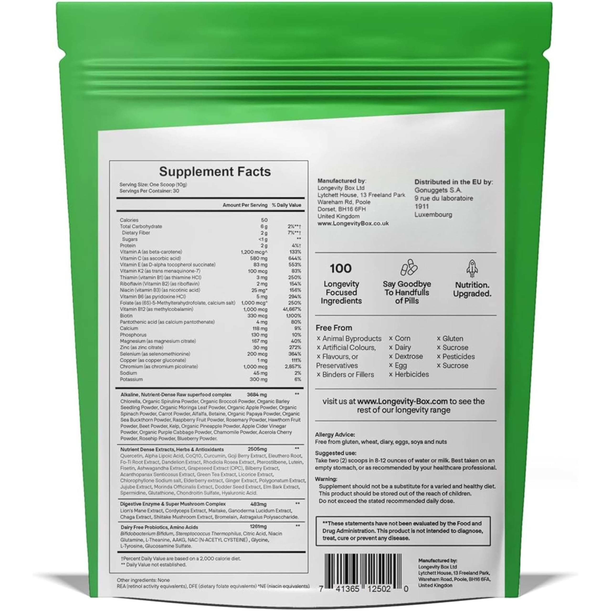 Ultimatives Super-Grünpulver mit 100 Zutaten | 300 g 30 Portionen Superfood-Pulver | Langlebigkeitsbox | Vitamin- und mineralstoffreiche Formel | Vegan und vegetarisch