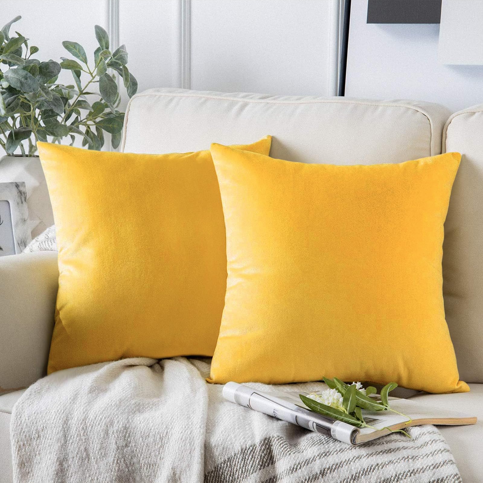 AMFUN Set of 2 Velvet Cushion Covers,Apricot 45 x 45 cm Luxury Velvet Square Throw Pillow Cases