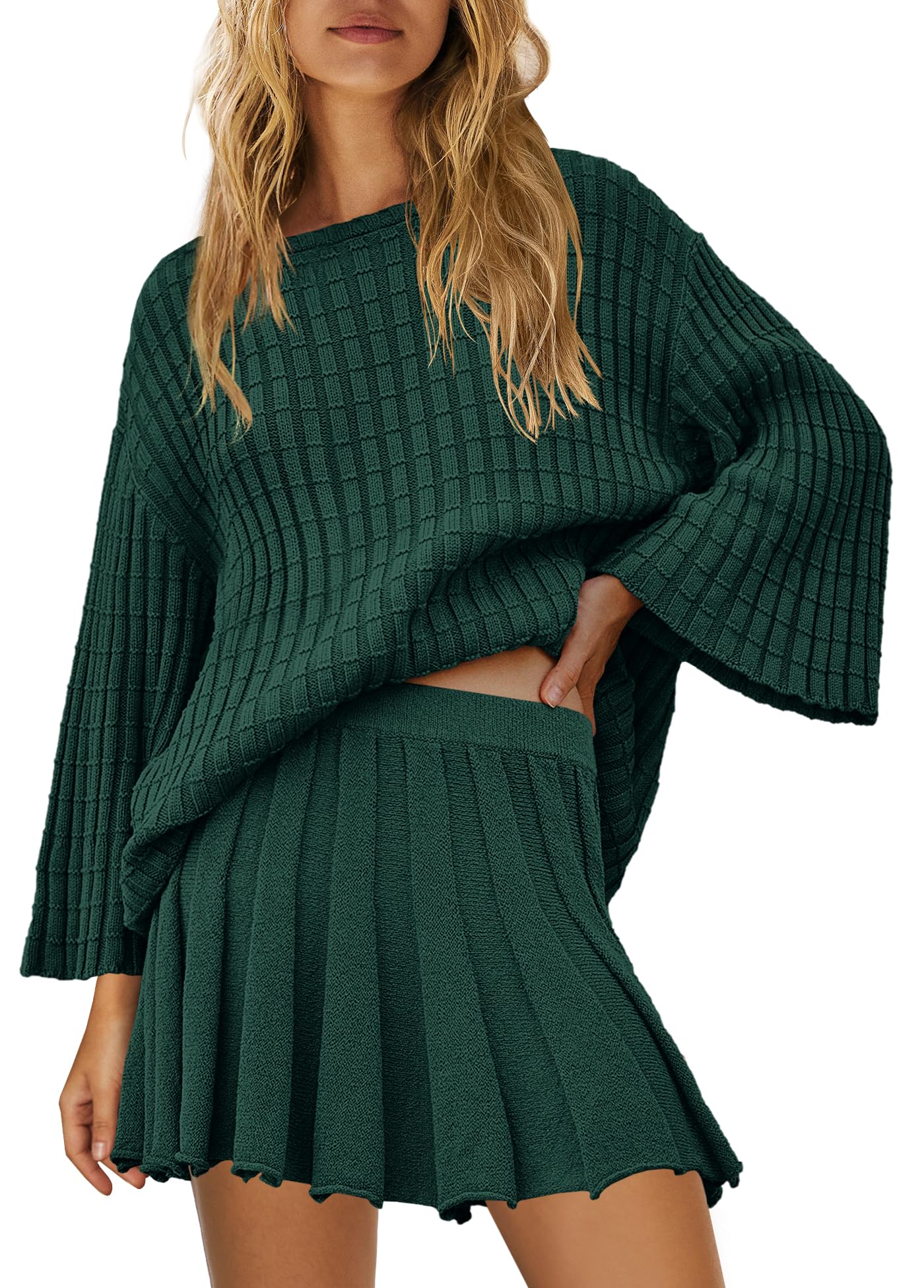 SENSERISE Fall Sweater Sets Skirt Sets Women 2 Piece Outfits Long Sleeve Top and Skirts Set Loungewear