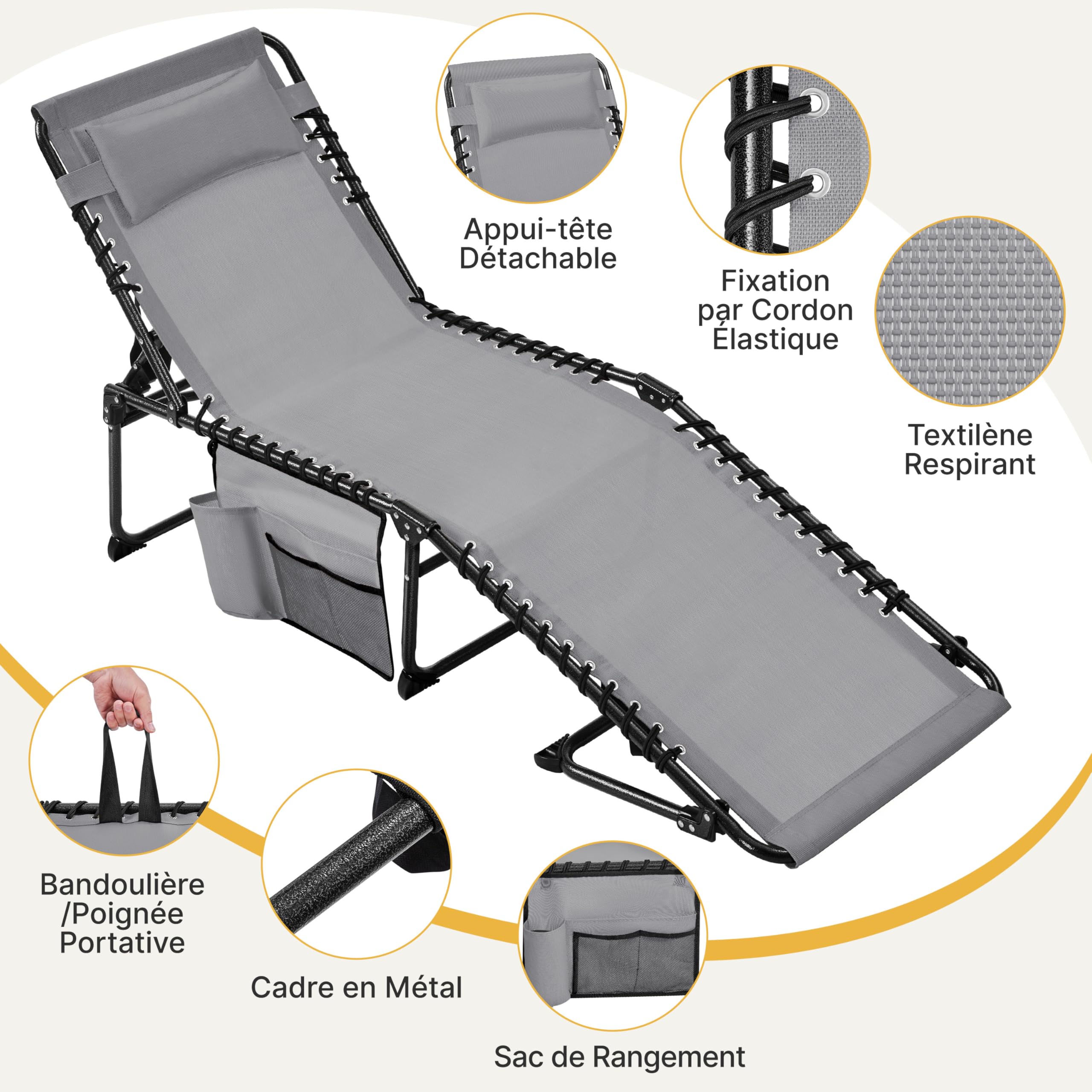 Abician Chaise Longue Pliante Bain de Soleil Transat Jardin Exterieur 189x57x38 cm Dossier Inclinable 5 Positions avec Poche Lit de Camping pour Plage, Piscine, Relax Détente en Plein Air Gris