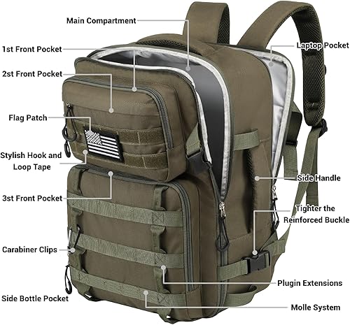 Miniatura 2 de Mochila táctica de 25L para hombres, mochila militar resistente Molle Army grande Rucasack, mochila portátil de viaje (verde)