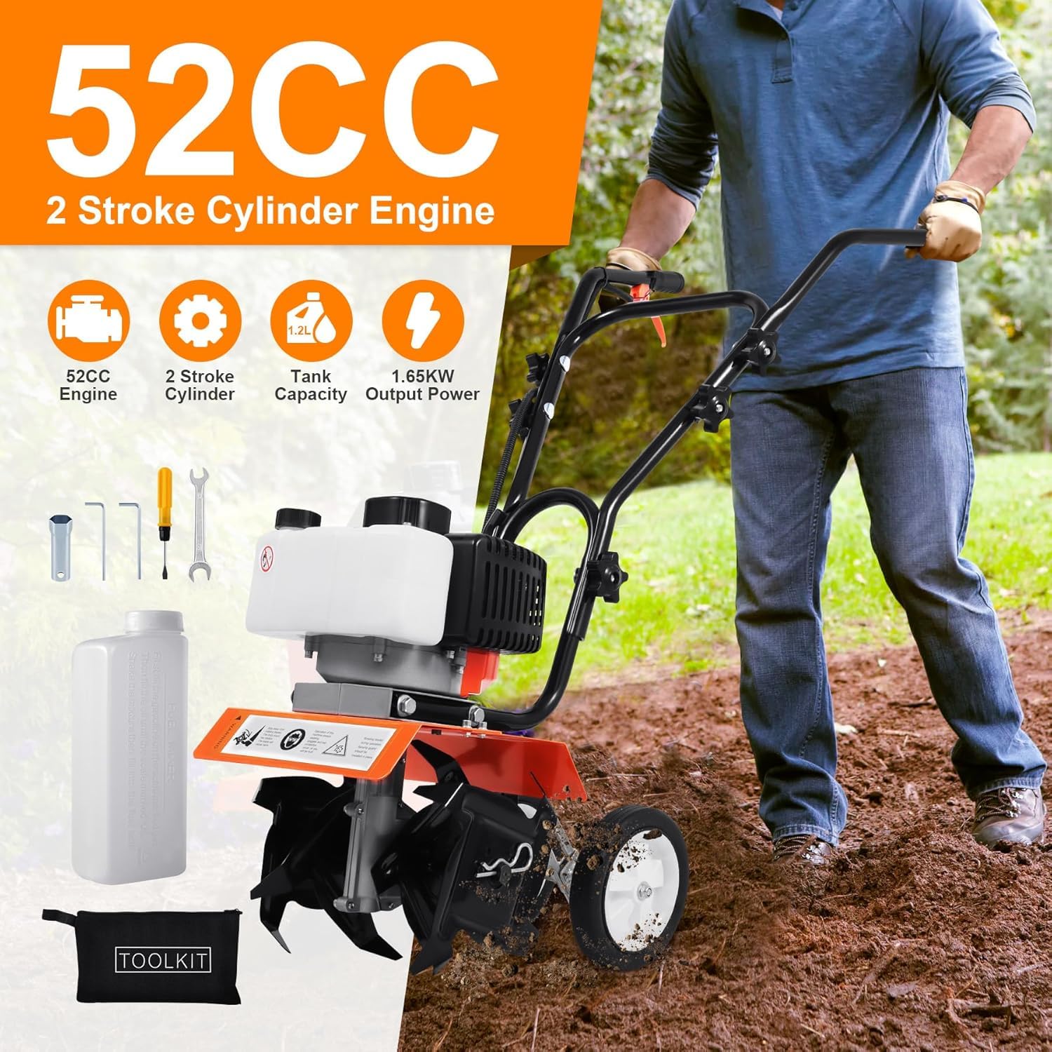 Motoazada de gasolina de 52 cc – Cultivador de jardín ligero de 2 tiempos con motor de 1,9 kW – Fresa de jardín fácil de arrancar