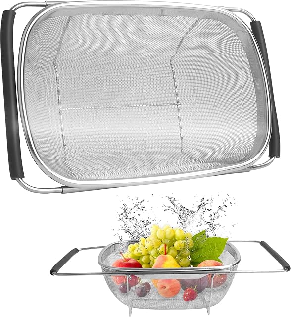 Heibai Stainless Steel Over The Sink Colander, Fine Mesh Strainer Basket Expandable Rubber Grip Handles,Durable Oval for Kitchen Strain, Drain, Washing Fruits, Vegetables, Silver (YBQL-001)