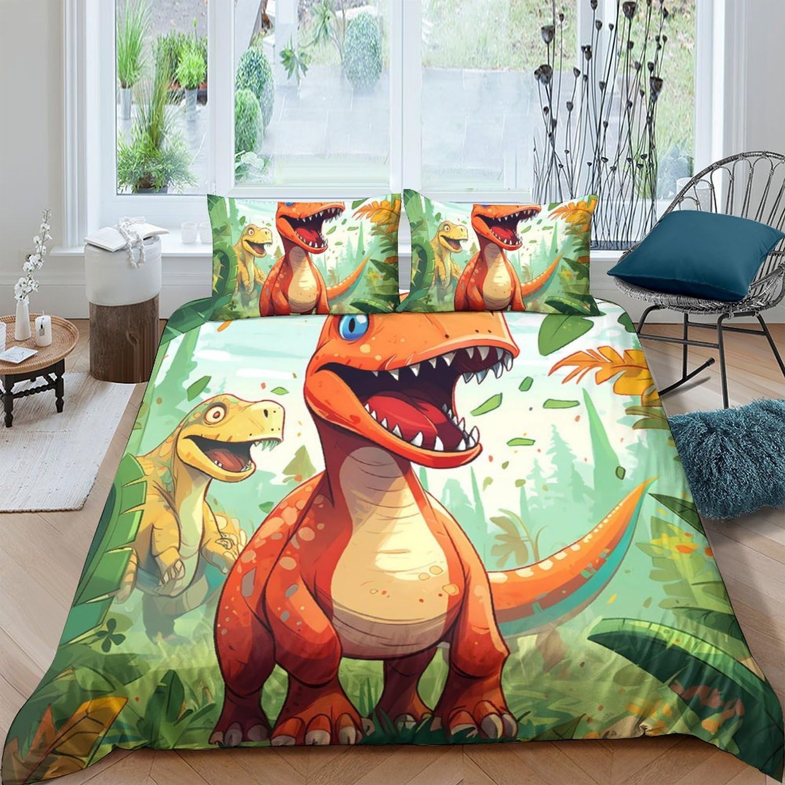 Ctjqhvkz Style-1 3D Printed Orange Dinosaur Fitted Sheet Microfiber Soft Breathable Jungle Cartoon Bed Cover For Bedroom Kids Teens Decor Single（135X200cm）