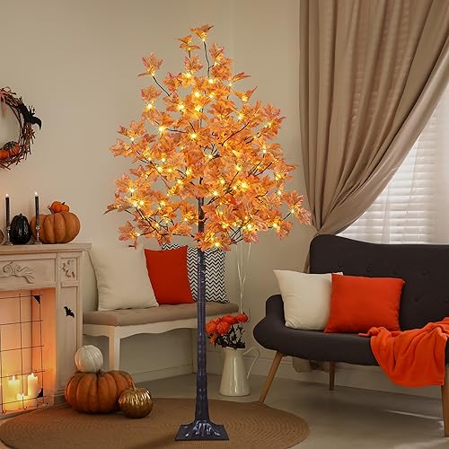 Miniatura 2 de Árbol de arce artificial iluminado de 6 pies, 120 luces LED, blanco cálido, decoración de árbol de otoño para interiores y exteriores, cosecha de