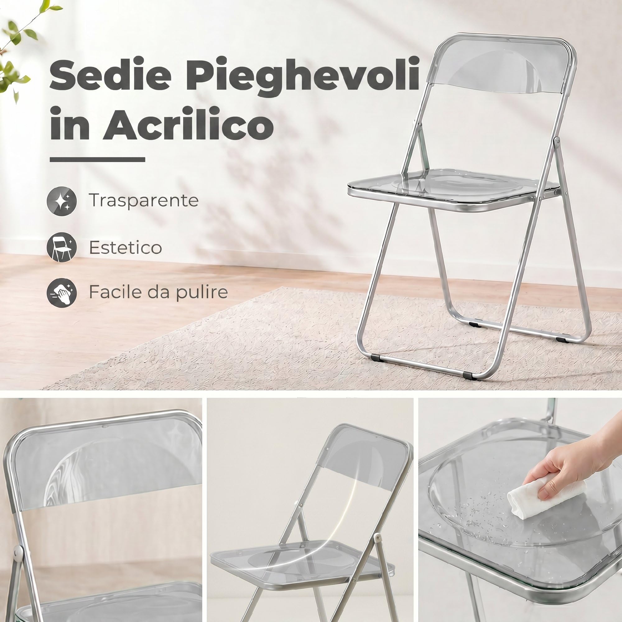 HOMCOM Lot de 4 chaises Pliantes en Acrylique 47x48x75 cm Gris | Pliables, gain de place intérieur, cadre en acier, portables, pour maison, bureau, cuisine, événements