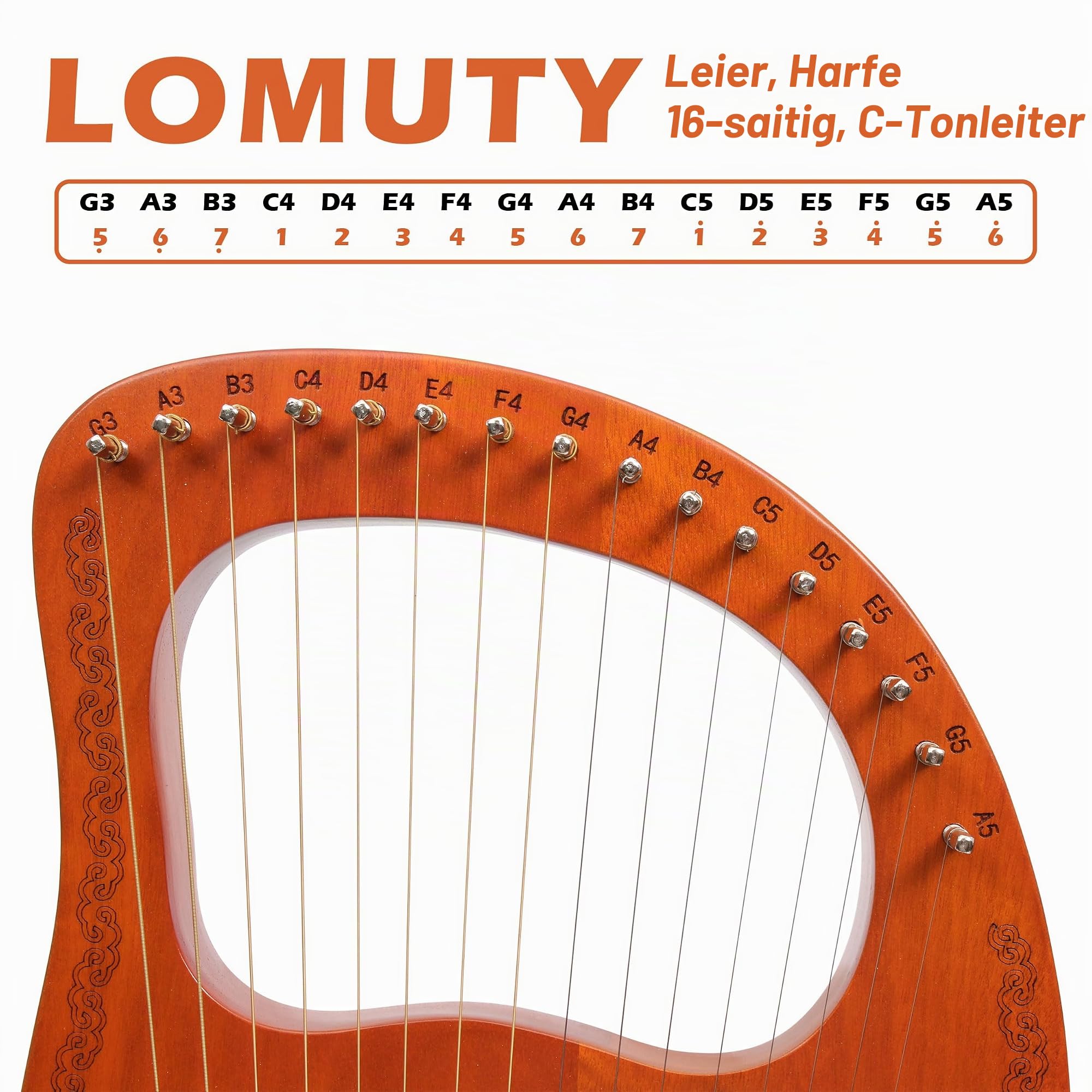 Lyre Harfe, Kleine Harfe Instrument, 16 Saiten Lyre Harfe, Mahagoni-Laugenharfe mit Metall Saiten Tragbare Harfe im Antiken Stil mit Stimmschlüssel und Tragetasche, Braun, Elch-Muster