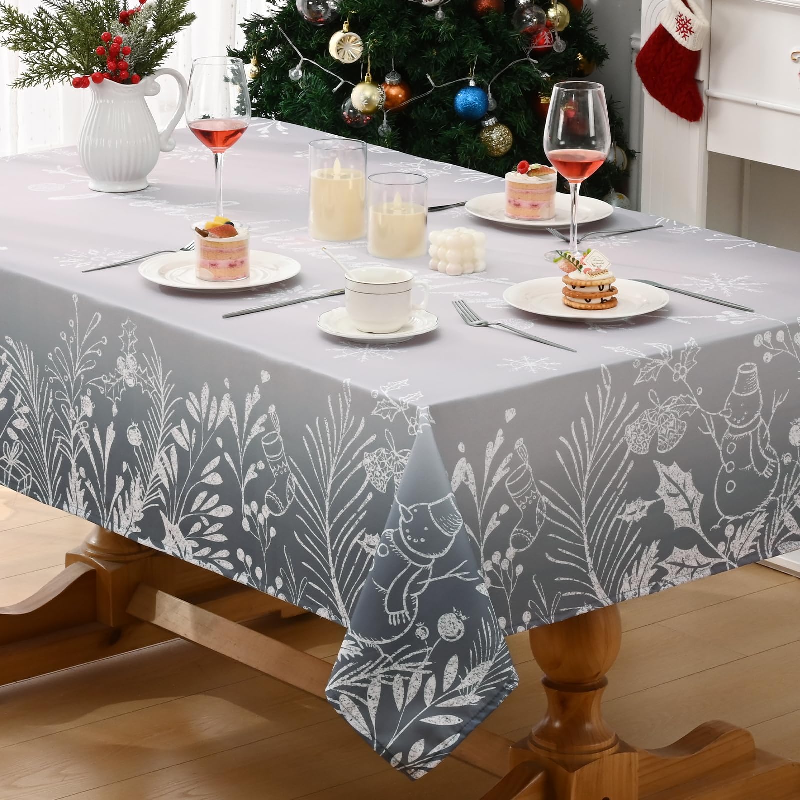 Alishomtll Tovaglia Natalizia Grigia Con Fiocchi Di Neve E Alberi – Impermeabile E Lavabile, 140x140 Cm, Per Tavolo Da Pranzo E Feste