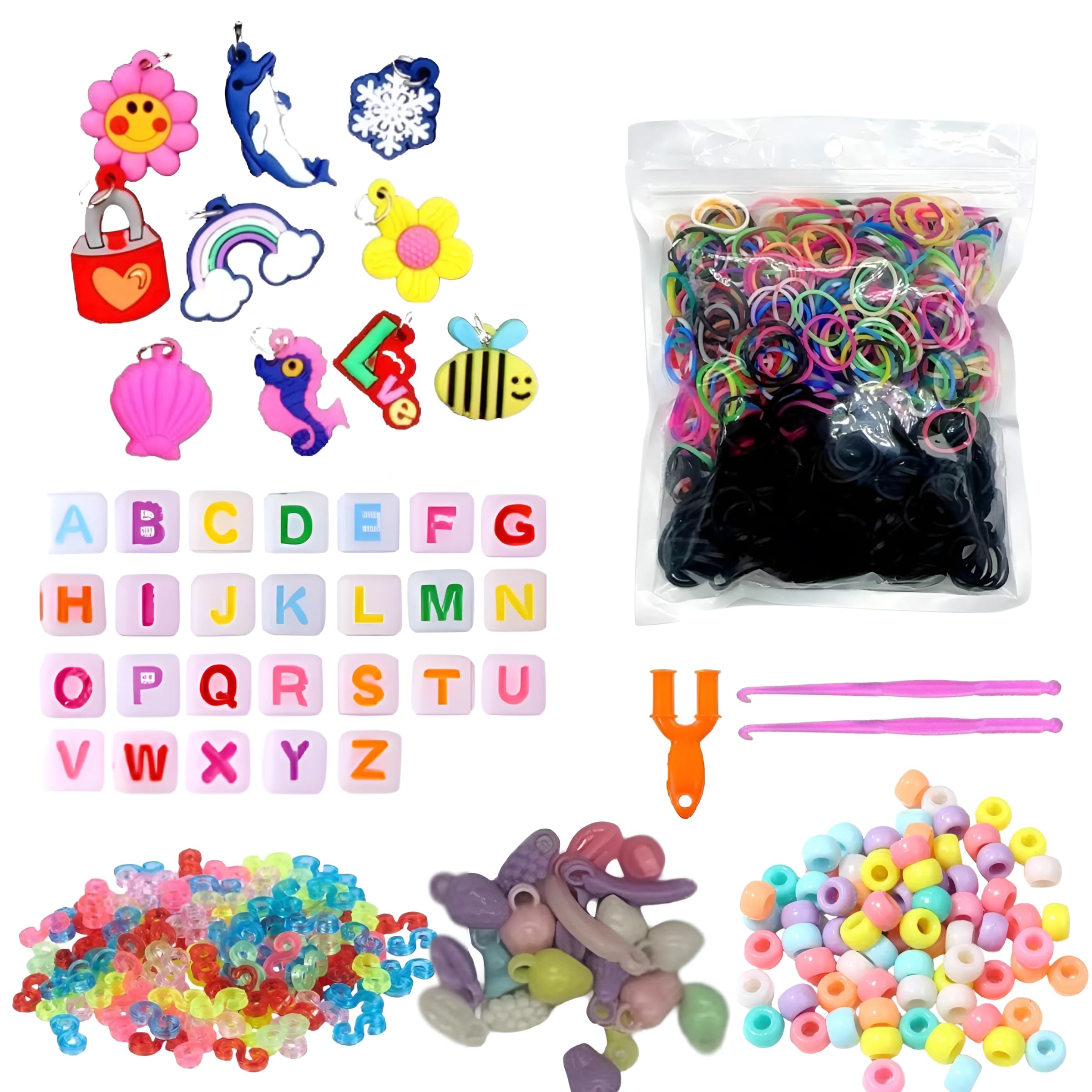 1000+ Loom Bands Kit Refill Friendship Bracelet Kit for Boys and Girls Includes Loom Bands Alphabet Beads S Hooks Rubber Charms with Storage Bag DIY Craft Gift (1000)