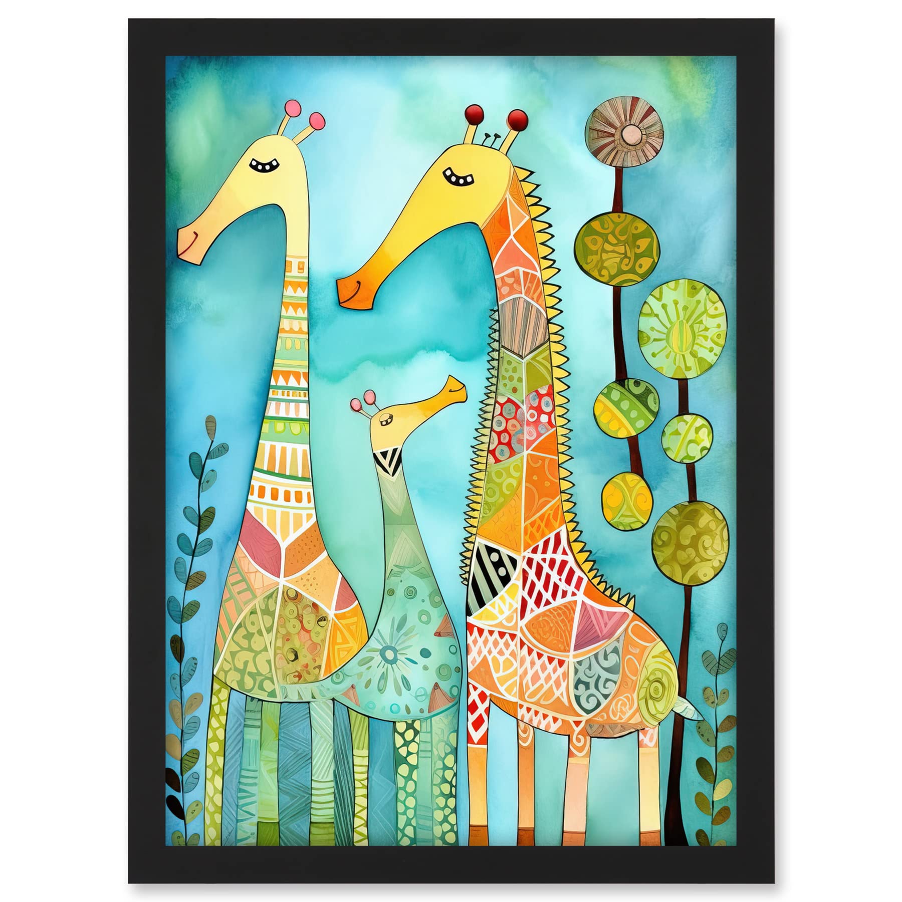 Artery8 Folk Art Giraffes Fun Cute Kids Bedroom Painting Artwork Framed A3 Wall Art Print
