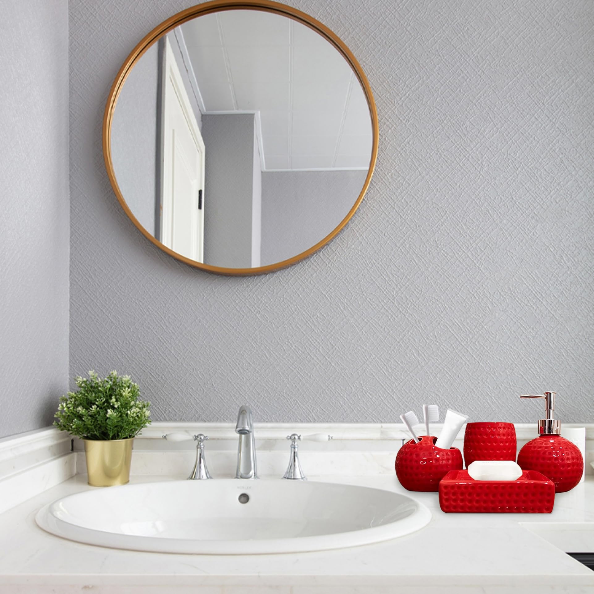Set de baño de cerámica roja de 4 Piezas: Soporte para Cepillo de Dientes, Vaso, dispensador de loción y jabonera