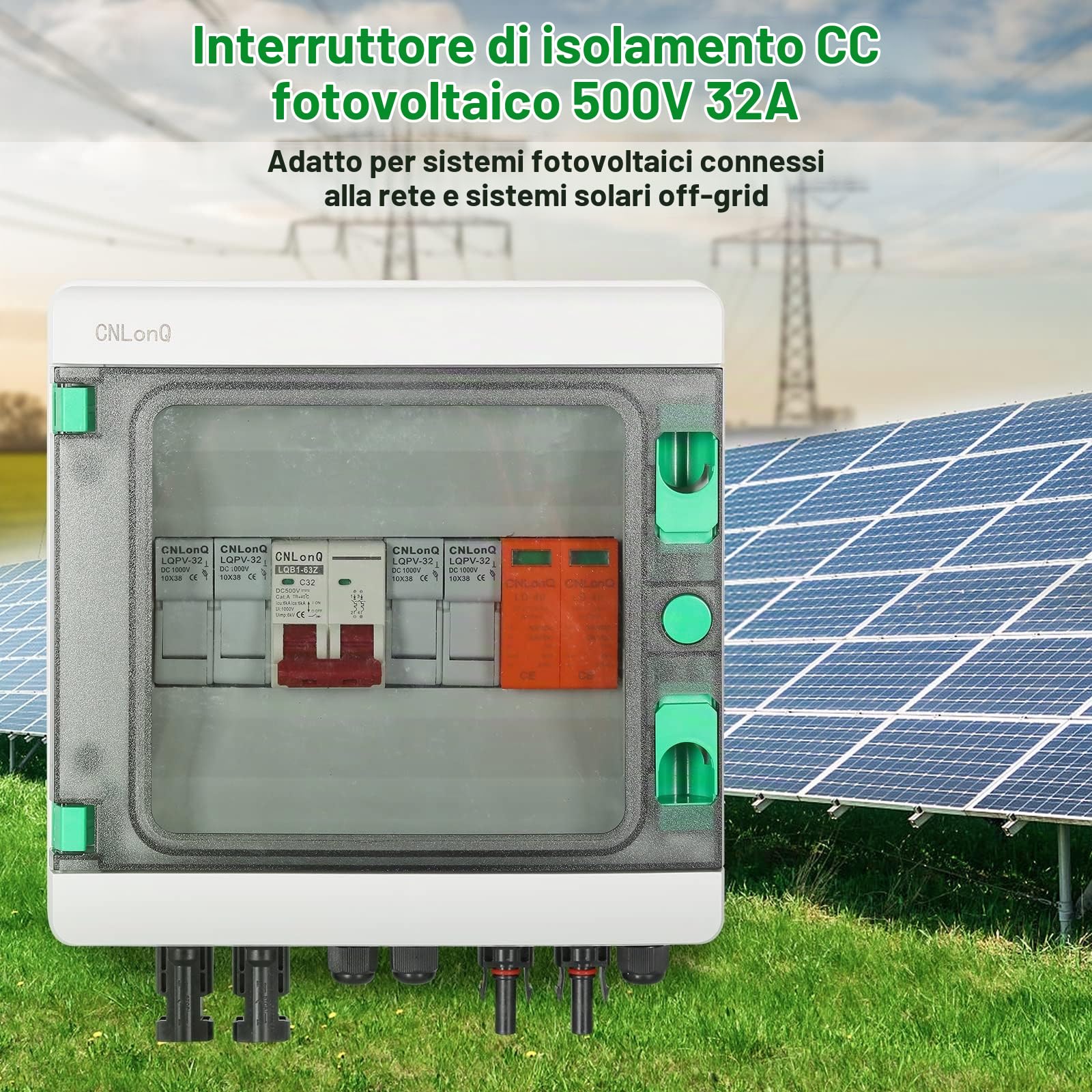 BuyWeek Solare Fotovoltaico Combiner Box, 500V 32A Interruttore Isolatore CC Solare, Scaricatore di Sovratensione, Impermeabile IP65, per Sistema di Energia Solare Fotovoltaico (2 in 1 out)