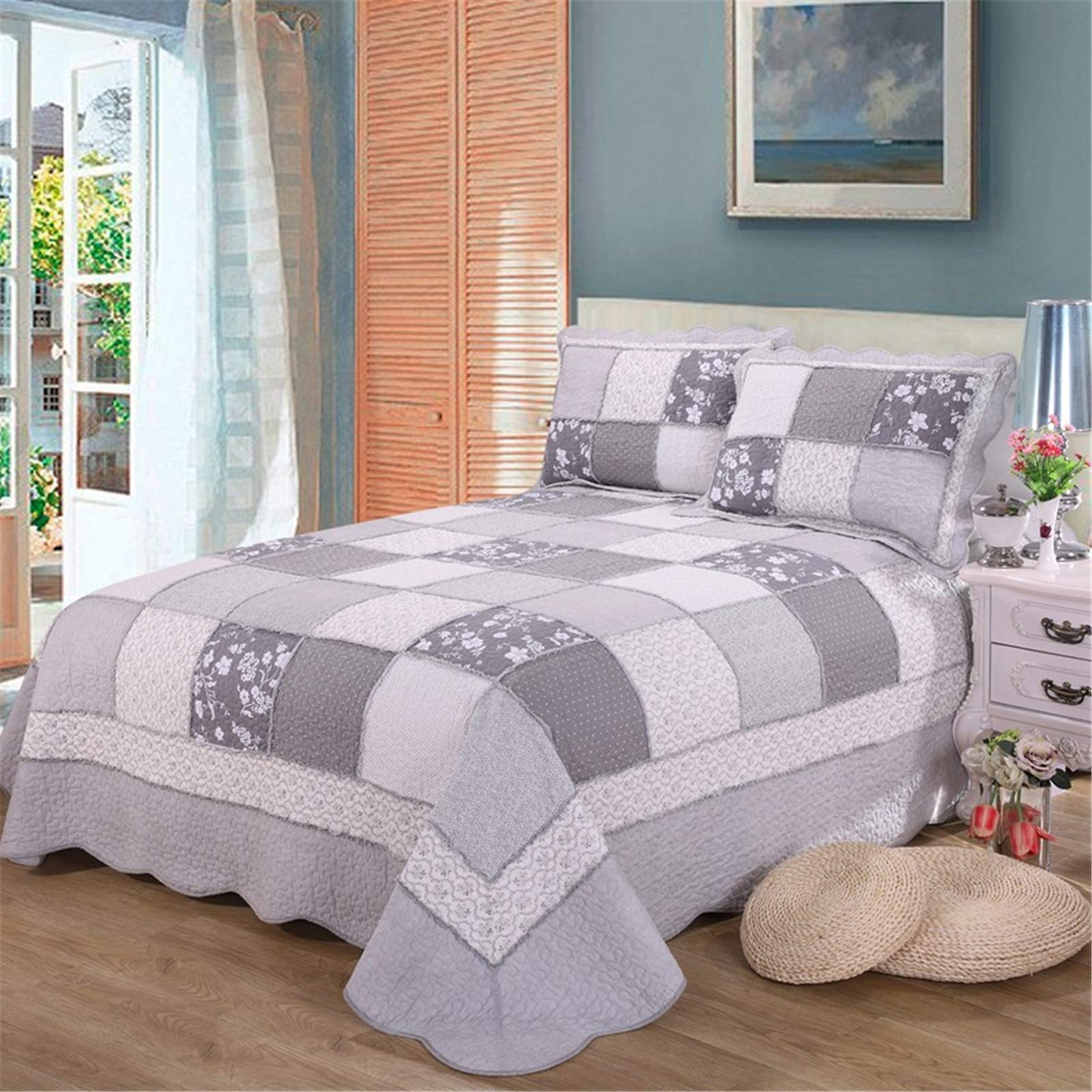 Couvre-lit patchwork de fleurs violettes en coton premium antidérapant avec taies