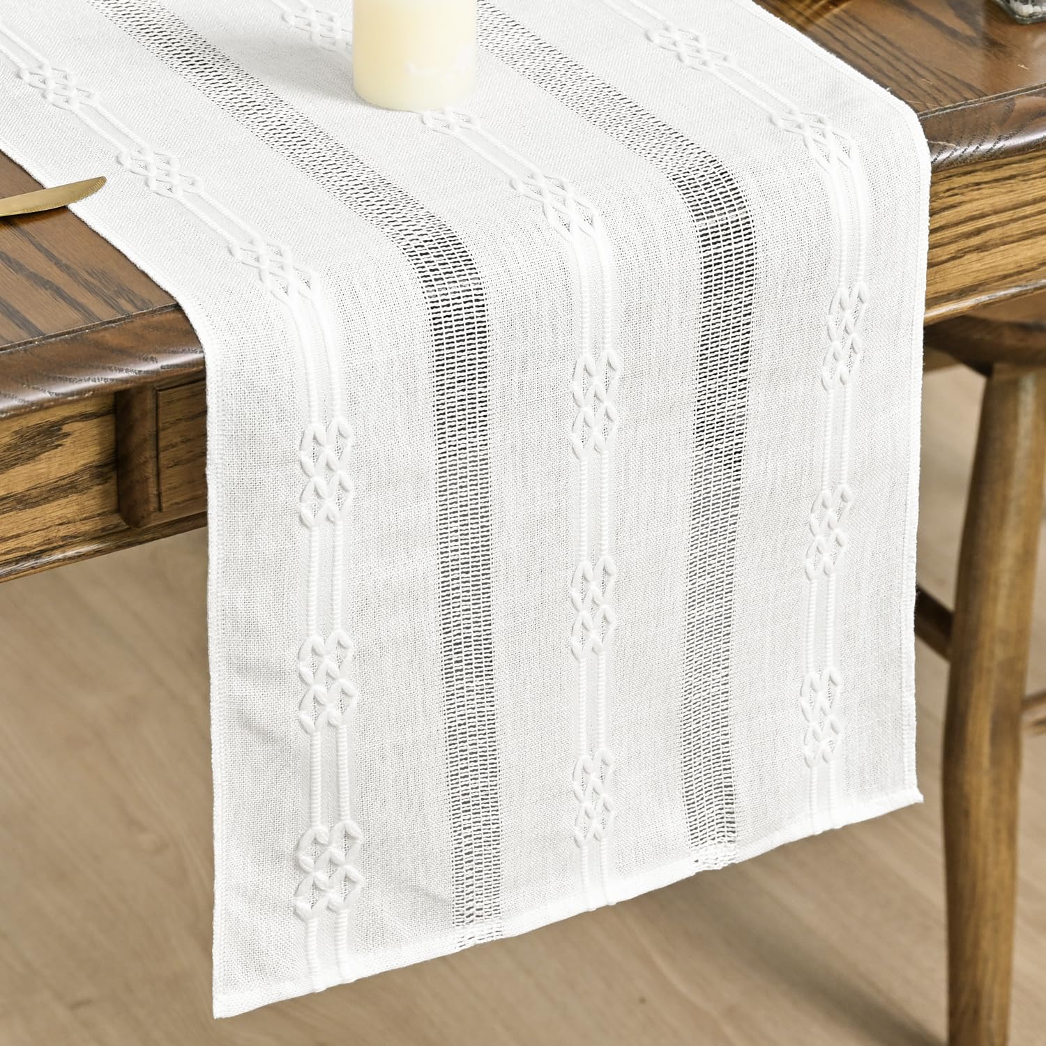 Artoid Mode Linen Farmhouse Rustic Boho White Table Runner 33x303 cm, Seasonal Vintage Holiday Kitchen Dining Table Decoration for Home Party Decor