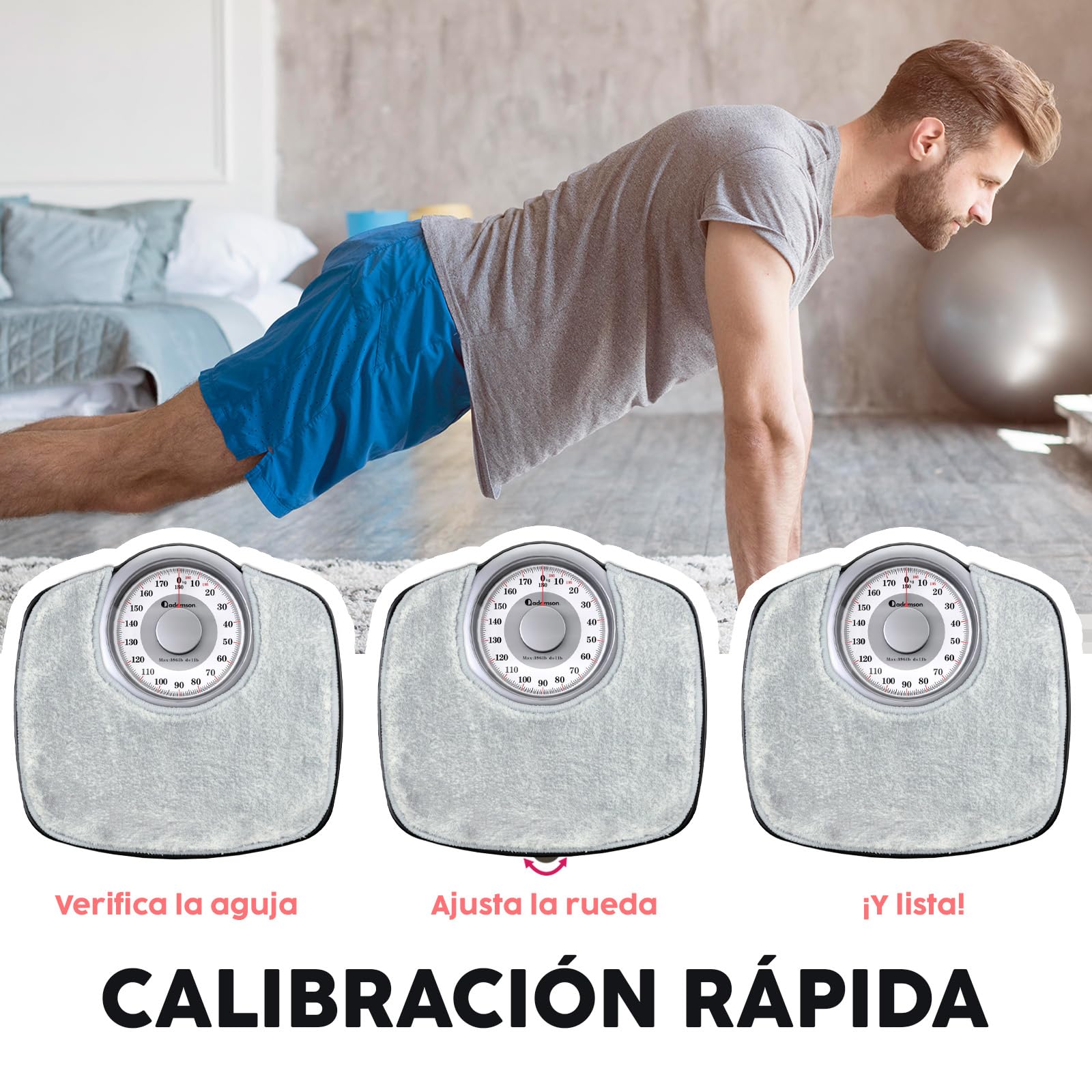 Adamson A25 - Báscula de Baño Analógica - Hasta 180 KG - Números Grandes Y Base Antideslizante - Balanzas Para Baño de Altaprecisión - 20 años de Garantía - Para Casa, Dormitorio- Alfombra gris