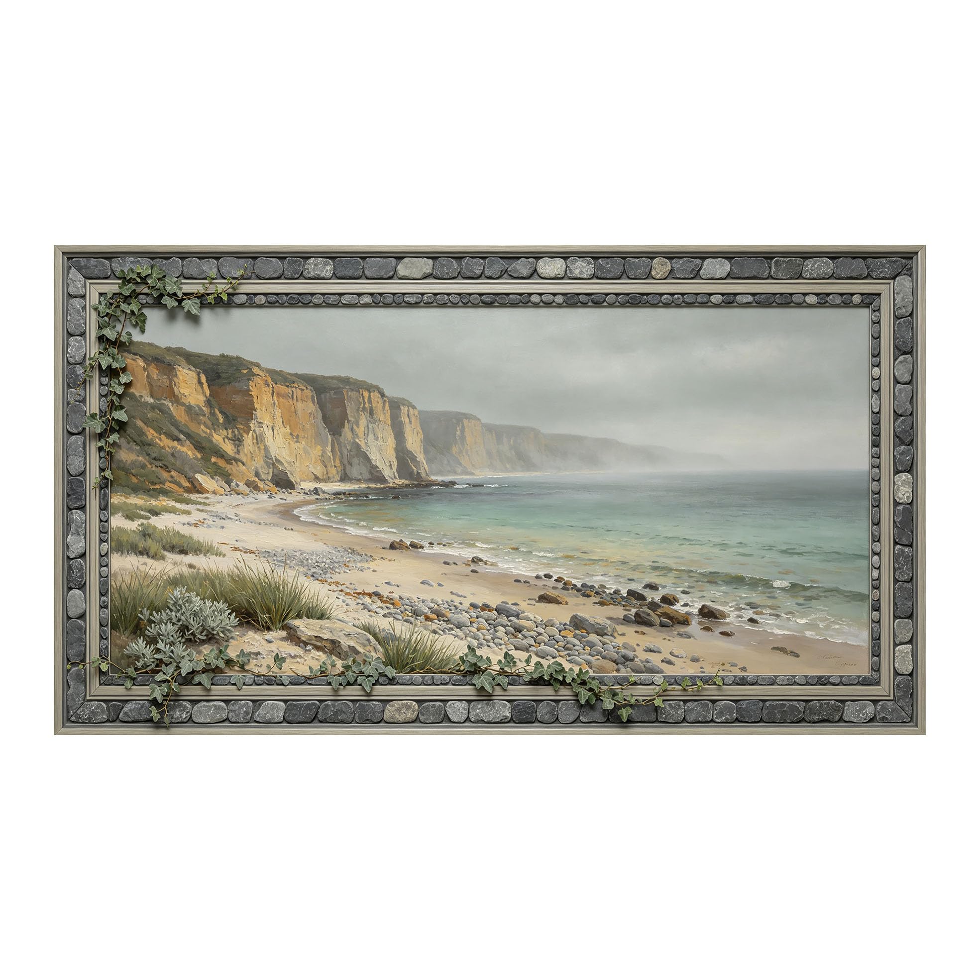 Yzpallescene 3D Framed Wall Art 50cm×100cm Coastal Seascape Panoramic Trompe L'oeil Oil Painting Large Size SelfAdhesive Removable Wall Decor Prints Artwork for Living Room Bedroom Office