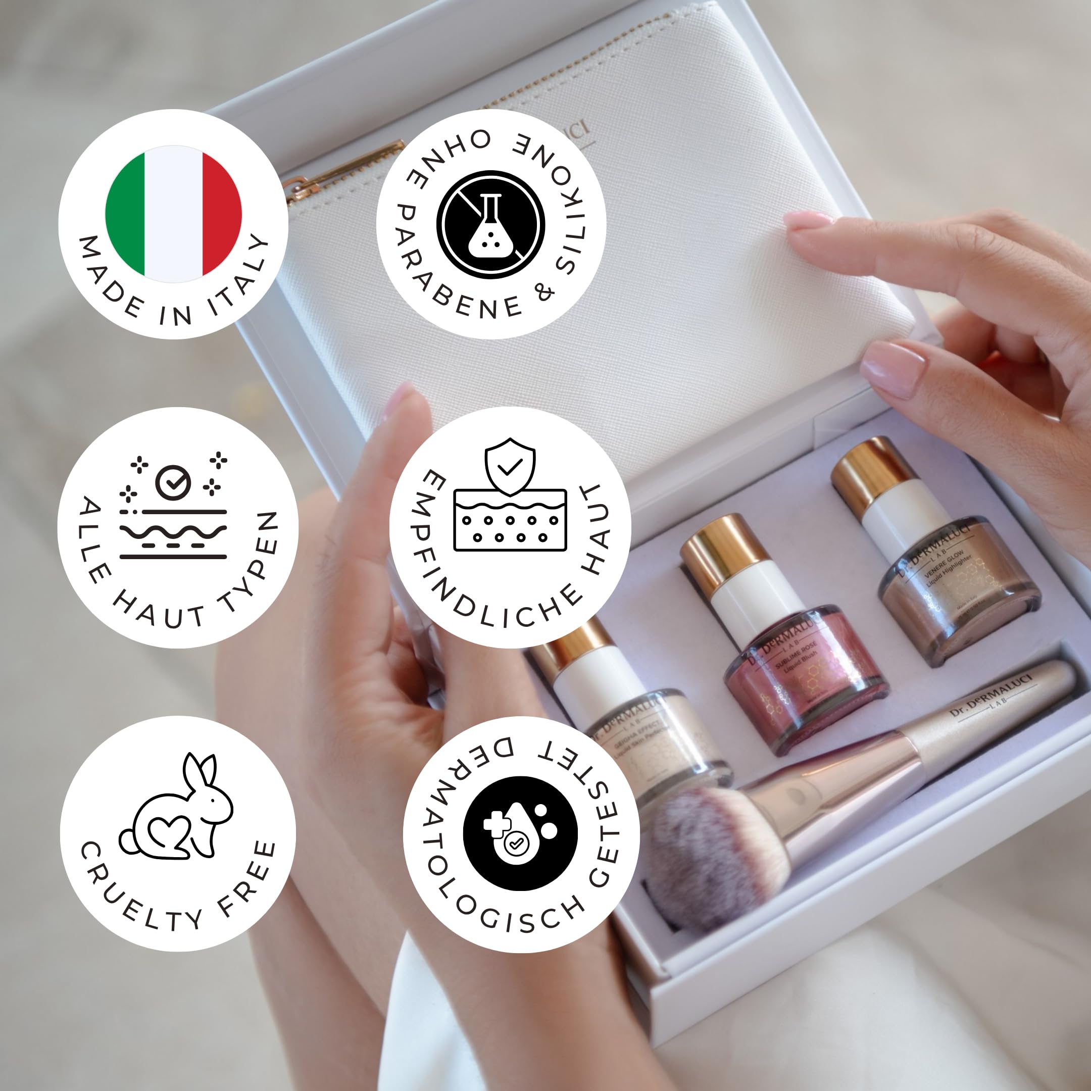 Dr. Dermaluci Lab Contouring Set Gesicht - Flüssiger Blush + Highlighter + Skin Perfector - Schminke Damen, Empfindliche Haut, Clean Make Up, Geschenkidee Frauen, Made in Italy