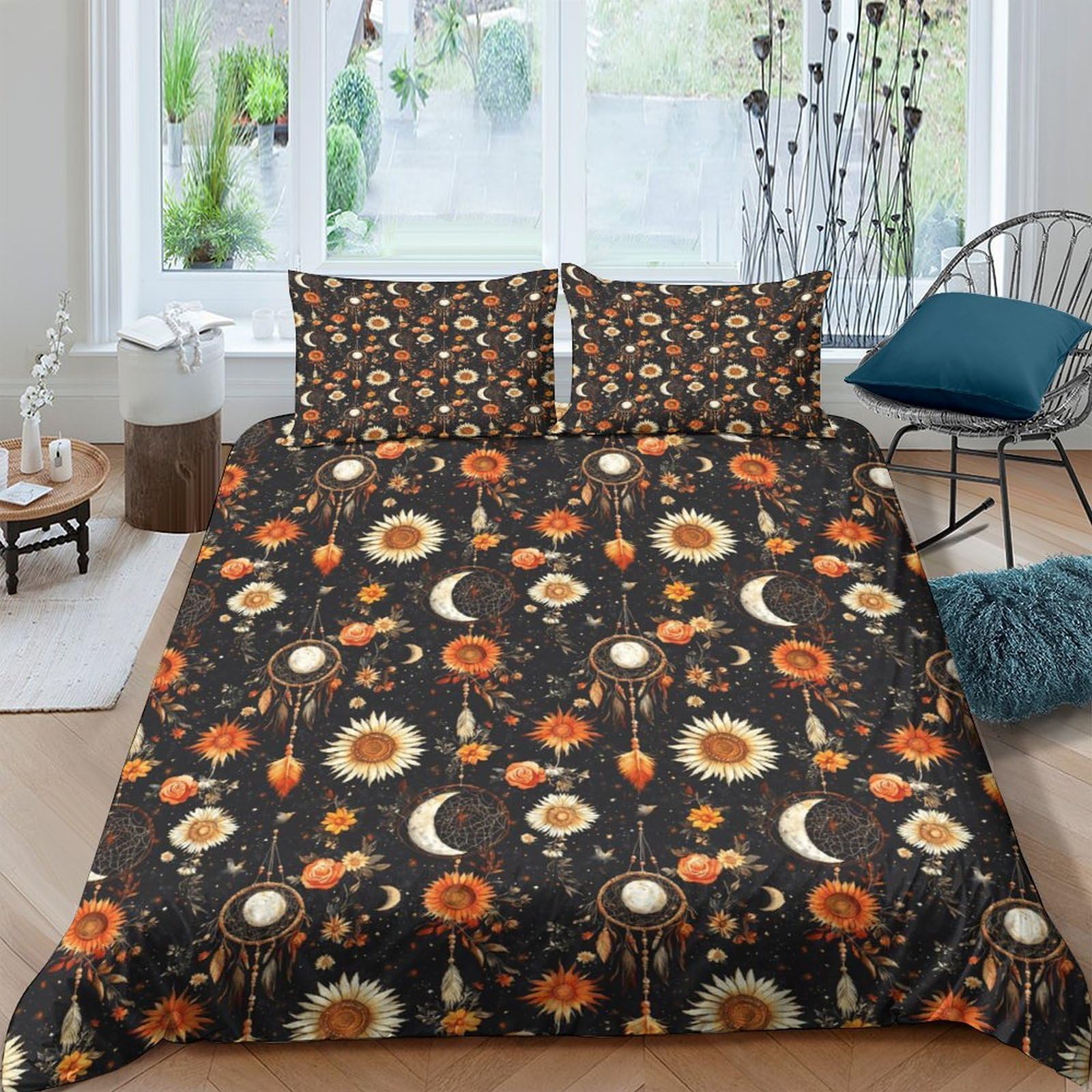 GPLZQXKJNH 3D Printed Sun Moon Floral Duvet Cover Set Microfiber Breathable Dark Vintage Quilt Cover with 2 Pillowcases for Bedroom Home Single（135x200cm）
