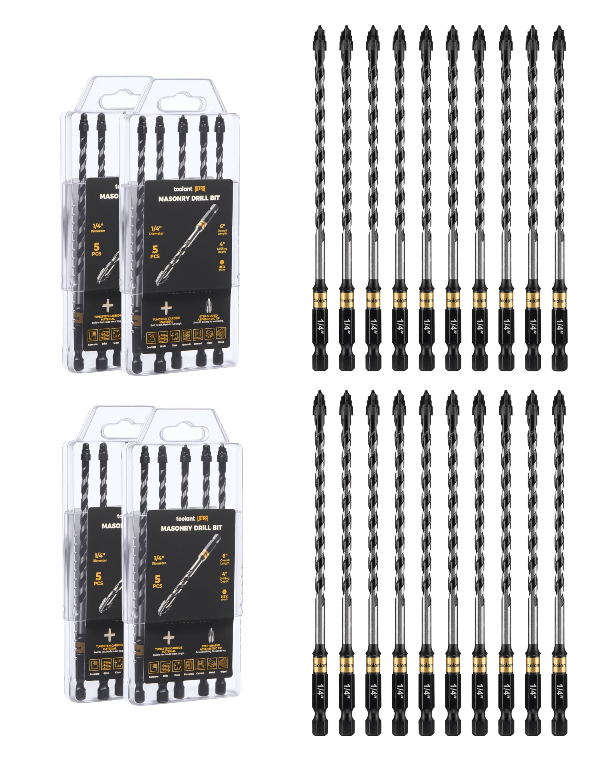 toolant Set di punte eccentriche seghettate da 1/4" per muratura (20 pezzi), punte da trapano a quattro bordi per calcestruzzo per vetro, piastrelle, mattoni, cemento, cemento, plastica, punta in