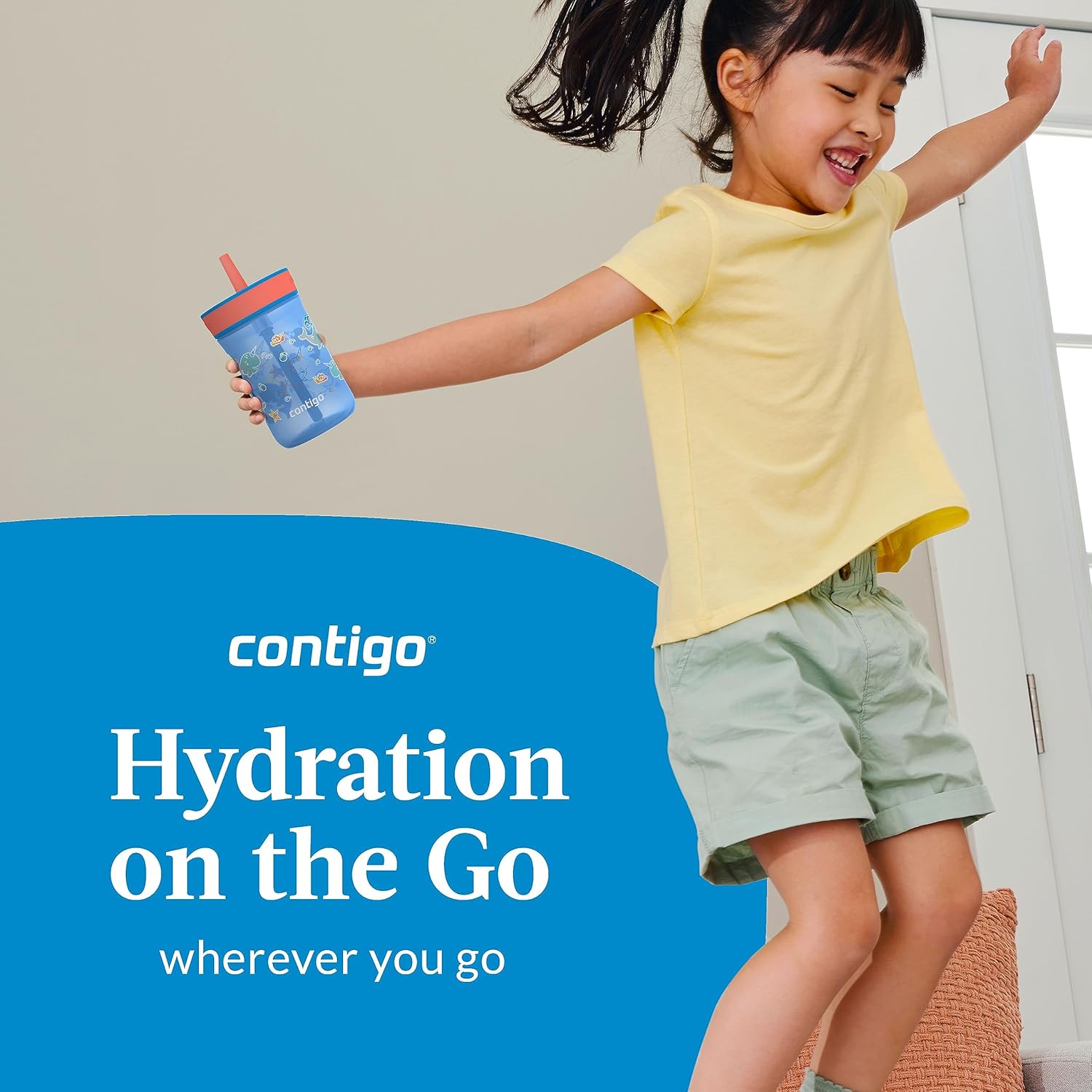 Contigo Kids’ Leighton Straw Tumbler with Spill-Proof Leak-Proof Lid 14oz Blue Poppy/Narwhals - Image 5