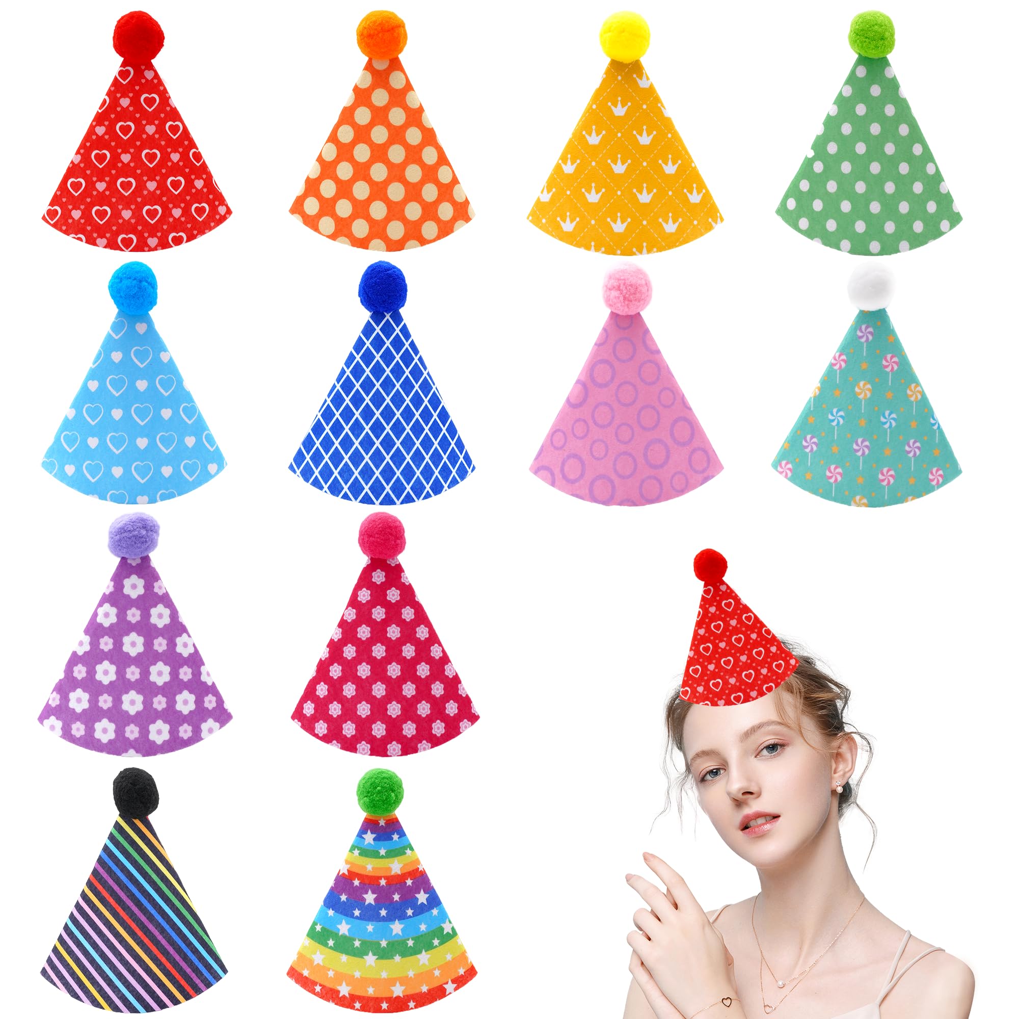 Pai Sence 12 Pcs Large Party Hats for Adults Colorful Felt Party Hats with Pom Poms Cone Birthday Hat L