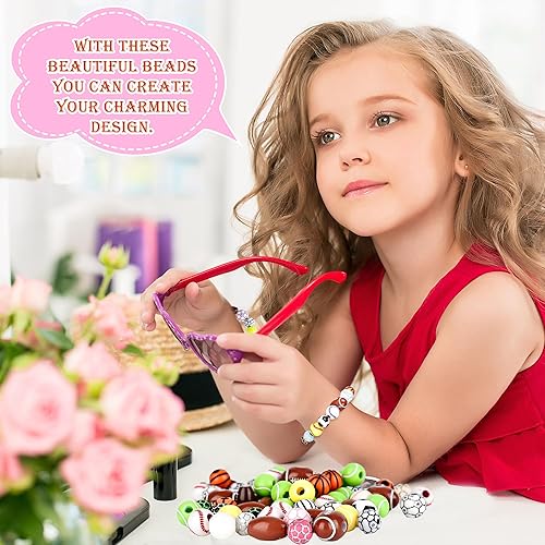 Miniatura 6 de Juego de 800 cuentas de bolas deportivas para béisbol, baloncesto, fútbol, voleibol, fútbol con cuerda elástica para llaveros y pulsera, 2 cajas