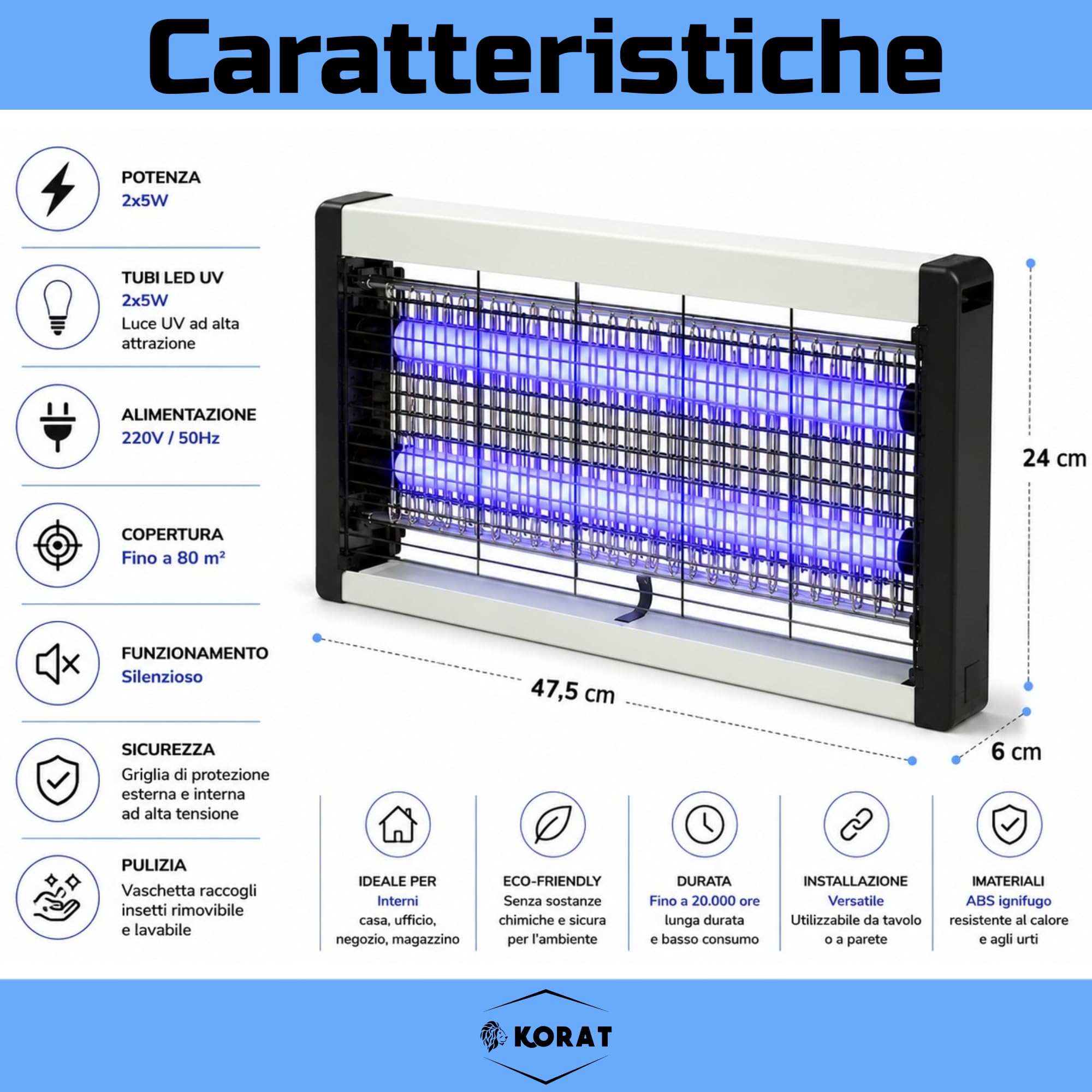 KORAT Lampada Zanzare Elettrica LED UV 2x5W, Zanzariera Elettrica Professionale con Griglia ad Alta Tensione, Vaschetta Estraibile, Silenziosa, per Casa, Ufficio, Negozio - 47,5x6x24 Cm