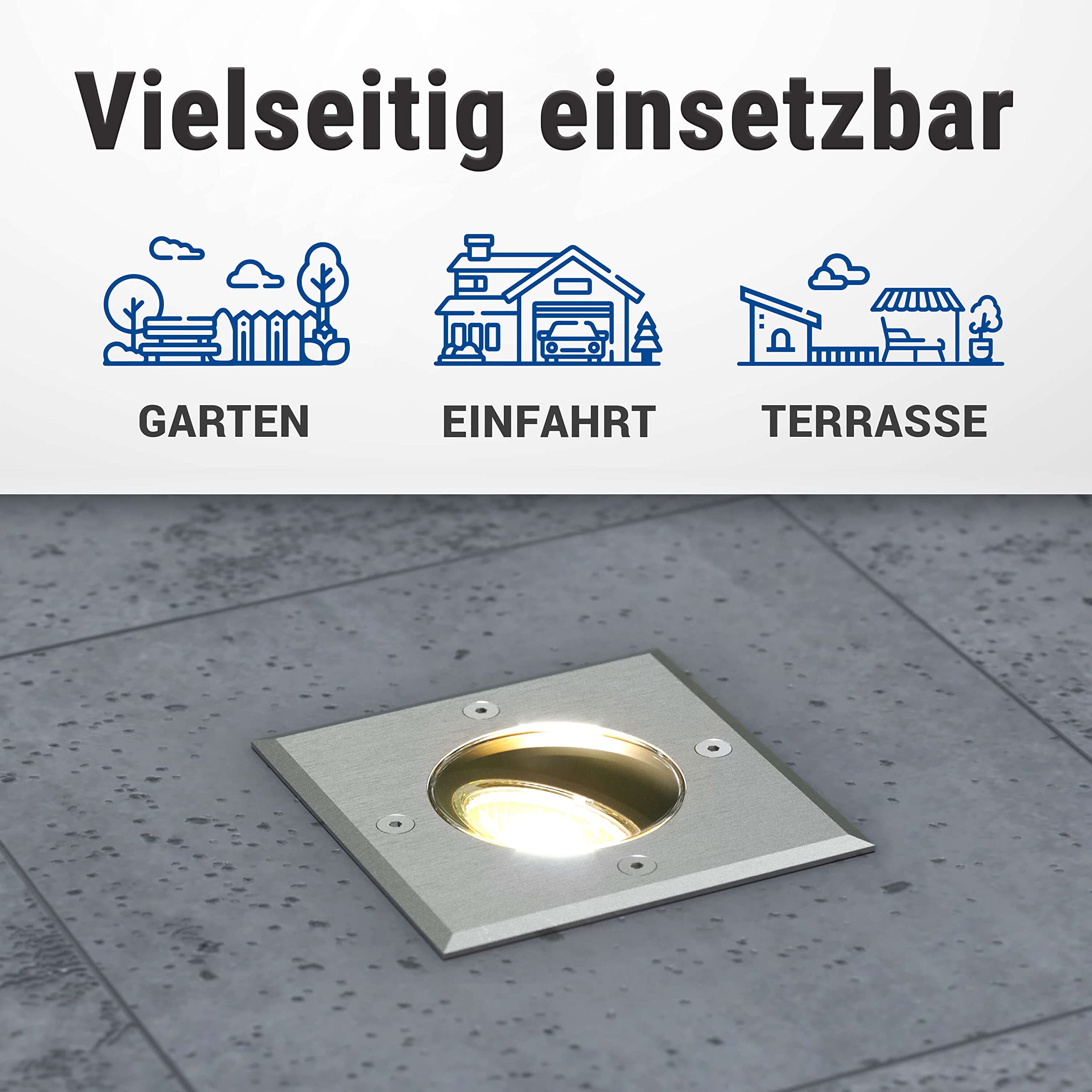 lambado® LED Bodeneinbaustrahler für Aussen IP67 - Wasserdicht & Befahrbar inkl. 5W 230V GU10 Strahler warmweiss - Bodenstrahler/Bodenleuchte Eckig aus Edelstahl für Terrasse & Garten