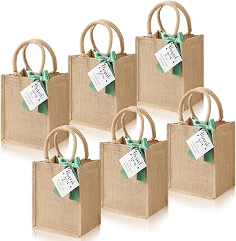 Paterr 6 Pack Burlap Tote Bags with Handles Small Reusable Jute Bags with Bow Thank You Tag Burlap Gift Tote for Wedding Bridesmaid Mother's Day Bridal Shower Party Favor Supplies