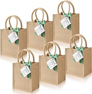 Paterr 6 Pack Burlap Tote Bags with Handles Small Bachelorette Party Gift Bag Reusable Jute Tote Bags with Bow Thank You Tag
