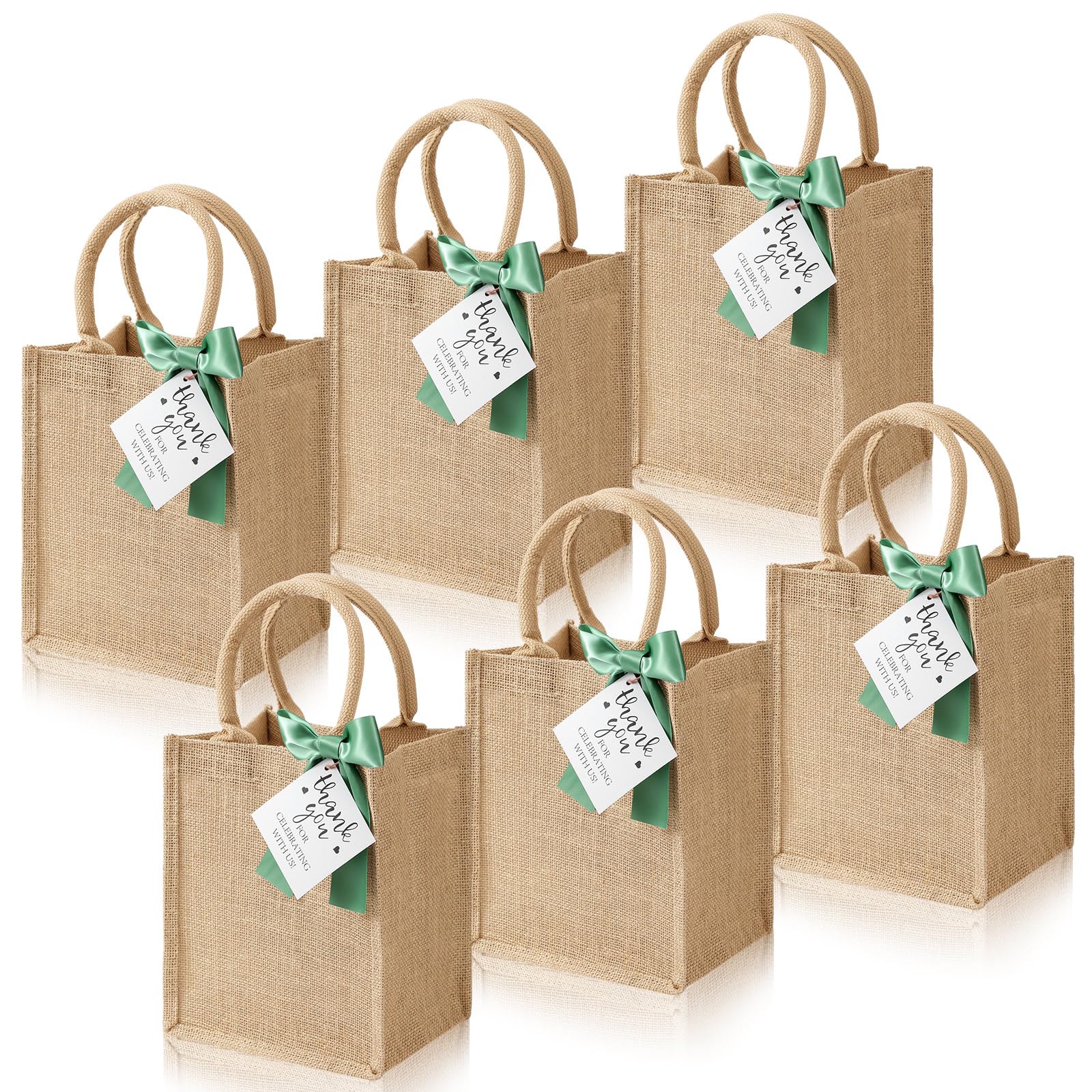 Paterr 6 Pack Burlap Tote Bags with Handles Small Reusable Jute Bags with Bow Thank You Tag Burlap Gift Tote for Wedding Bridesmaid Mother's Day