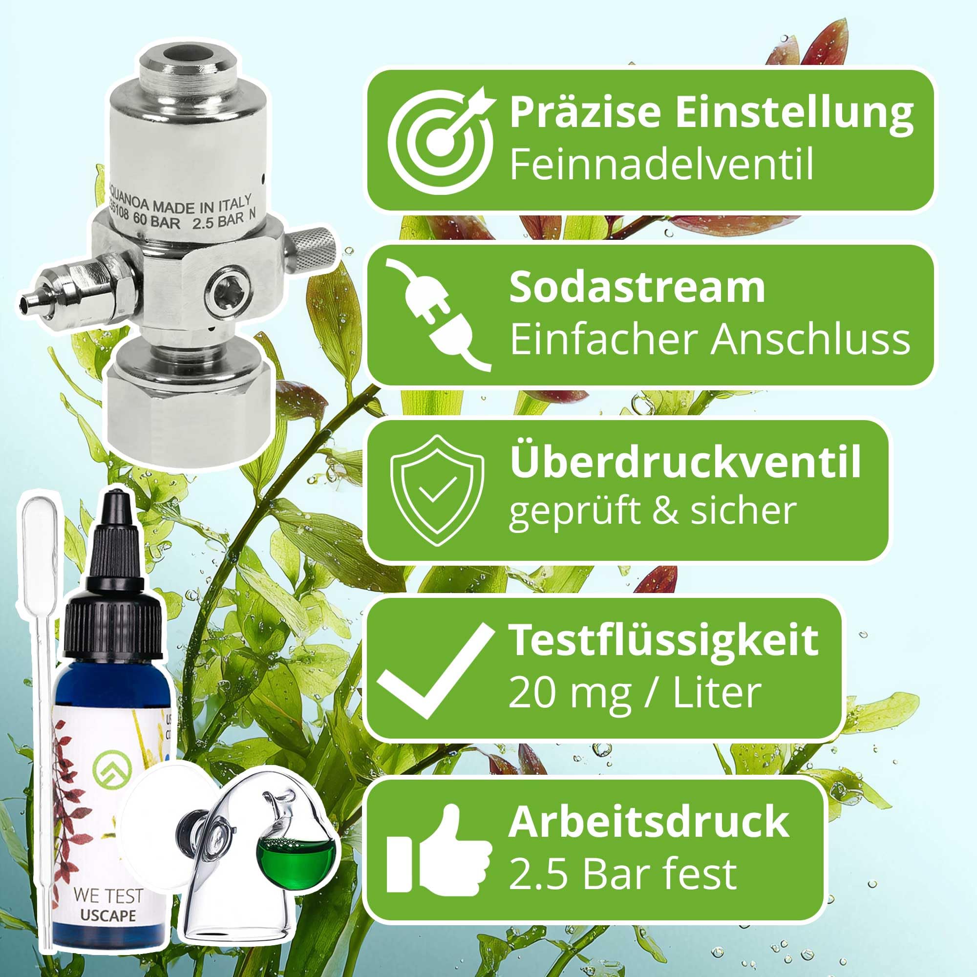 CO2 Anlage Aquarium Sodaflaschen Komplettset - Inkl. Nano-Diffusor, Dauertest, Druckminderer, 2m Schlauch - Profi