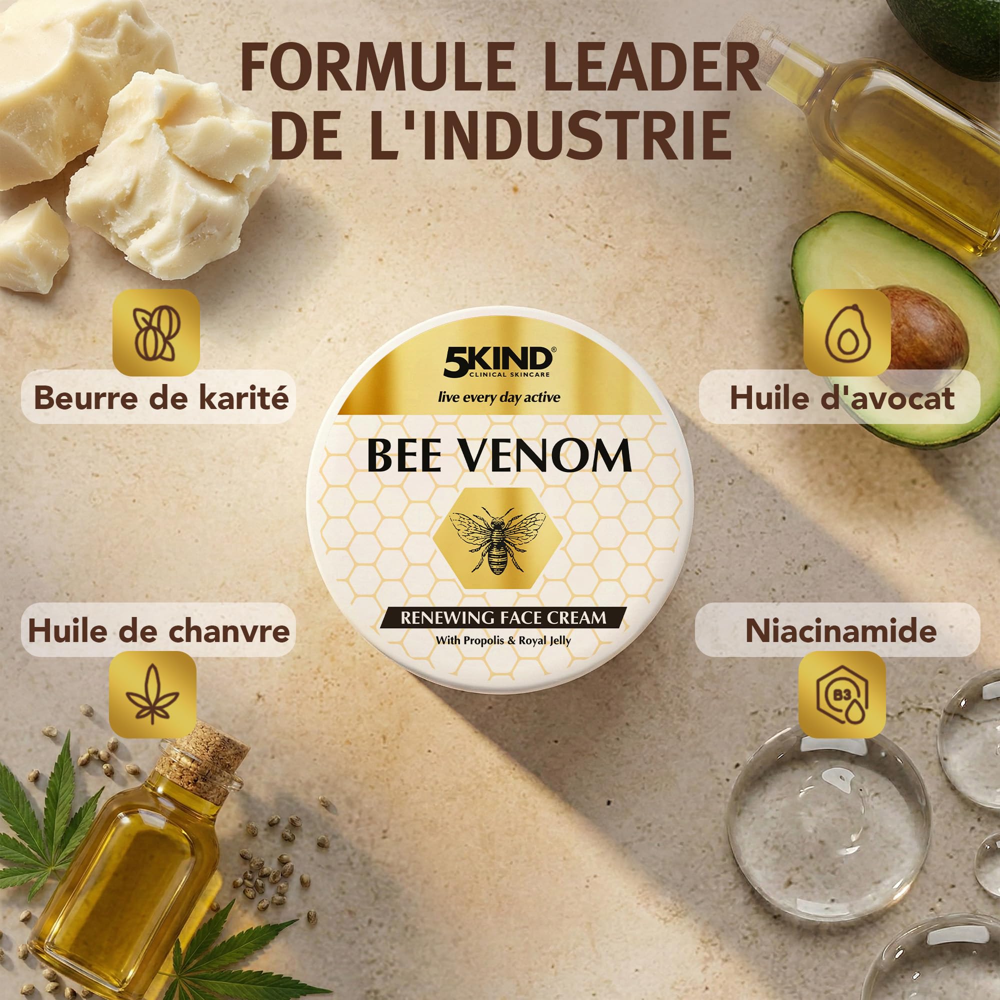 Crème Visage Régénérante au Venin d’Abeille 5Kind avec Propolis & Gelée Royale 100 ml - Crème Anti-Âge au Venin d’Abeille pour Femmes & Hommes - Crème au Venin d’Abeille contre les Rides