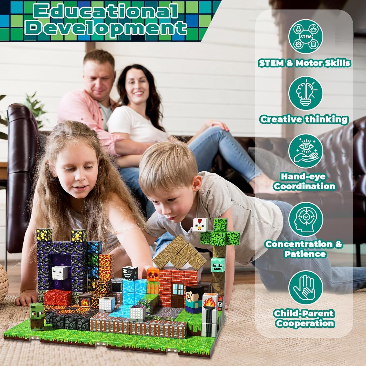 ToyUnited Magnetische Bausteine Kinder- 200 PCS Magnetische Blöcke Set mit Grasplatten & Schienen,Montessori Spielzeug Magnetbausteine Bauklötze für Jungen Mädchen,Kreatives Lernspielzeug Geschenk