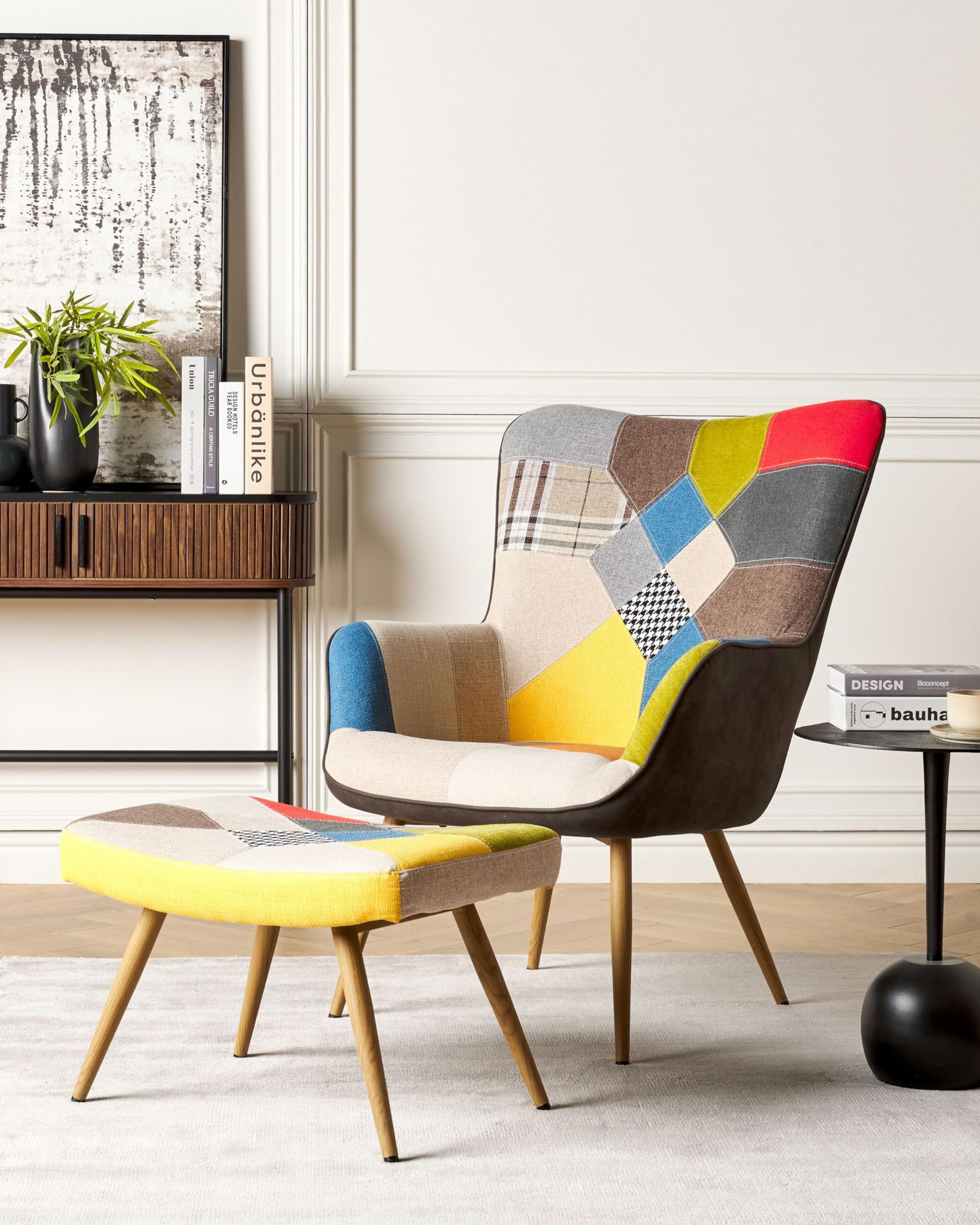 Trendy Ohrensessel mit Hocker Polyester und Metall patchwork/bunt Vejle II Küche, Haushalt & Wohnen