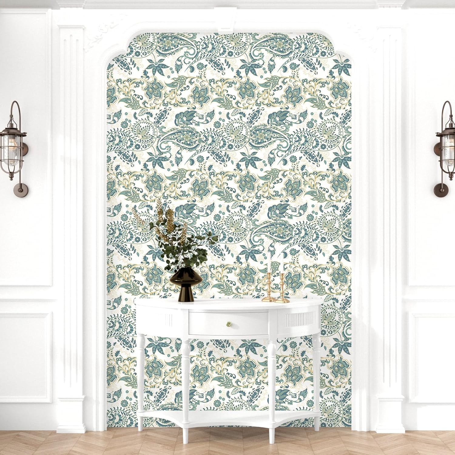 Green Paisley Flower Vintage Peel and Stick Wallpaper Self Adhesive Removable Bohemia Floral Contact Paper Stick on Easy Peel Off Boho Wall Paper for Kitchen Bedroom Bathroom Renter 17.5"×118"