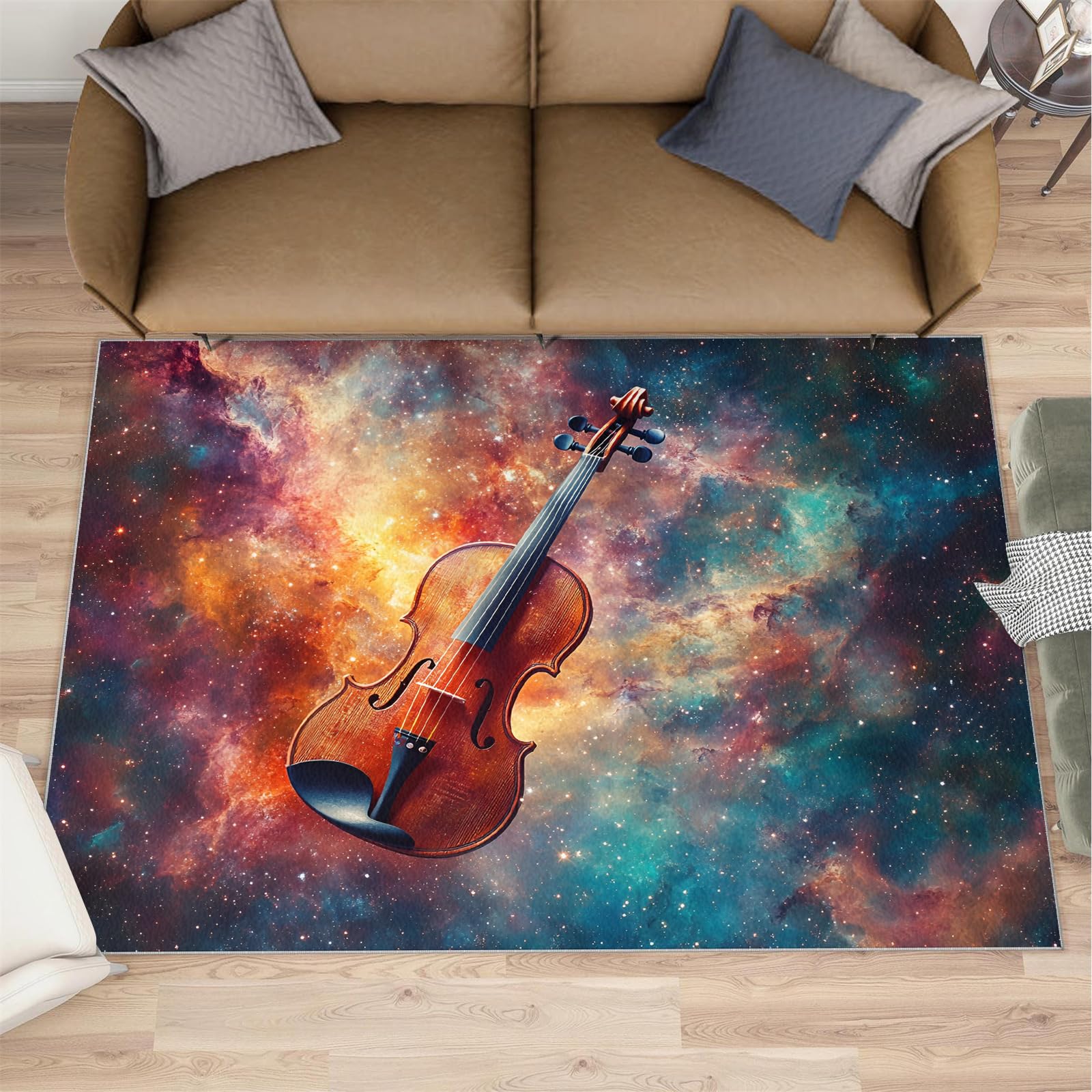 Tapis fille ciel étoilé et violon pour décorer une chambre ou un chevet cosy