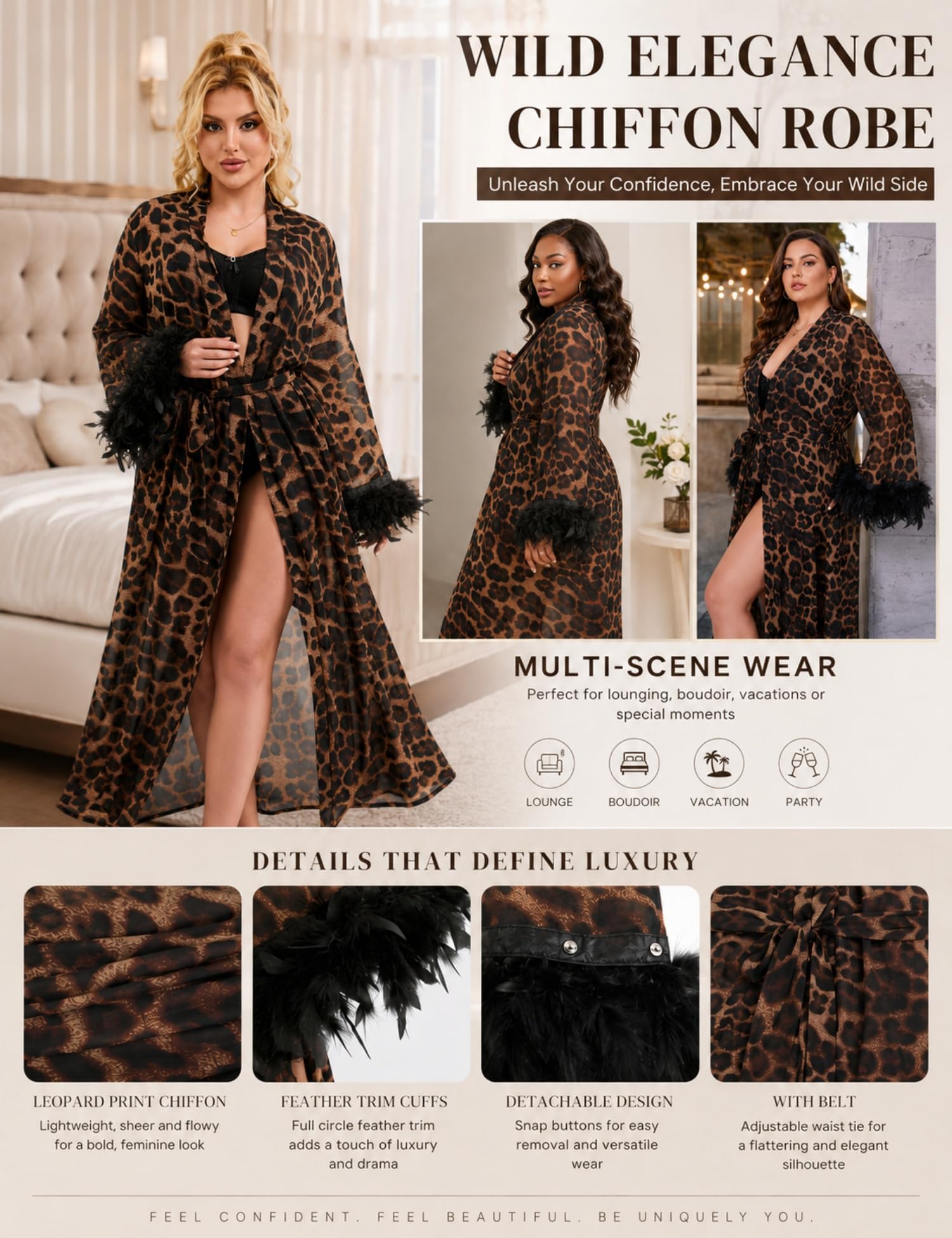comeondear Morgenmantel Damen Sexy Lang Bademantel Leopard Tüll Kimono Robe