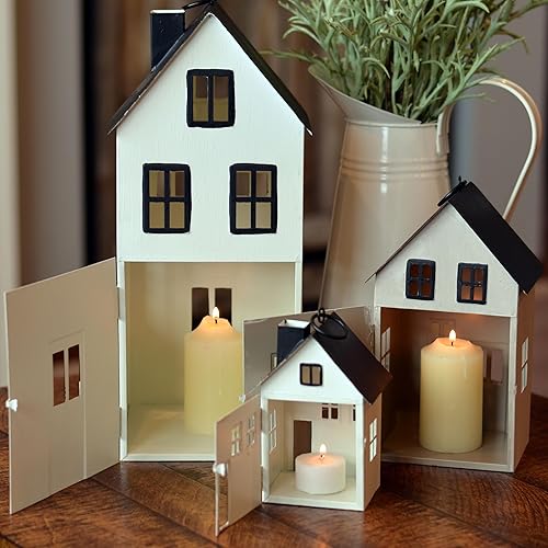 Miniatura 3 de Main Street Town House - Juego de 3 faroles para velas, estilo vintage, techos negros rústicos, paredes blancas, metal, 13.75, 8.25 y 5 pulgadas de