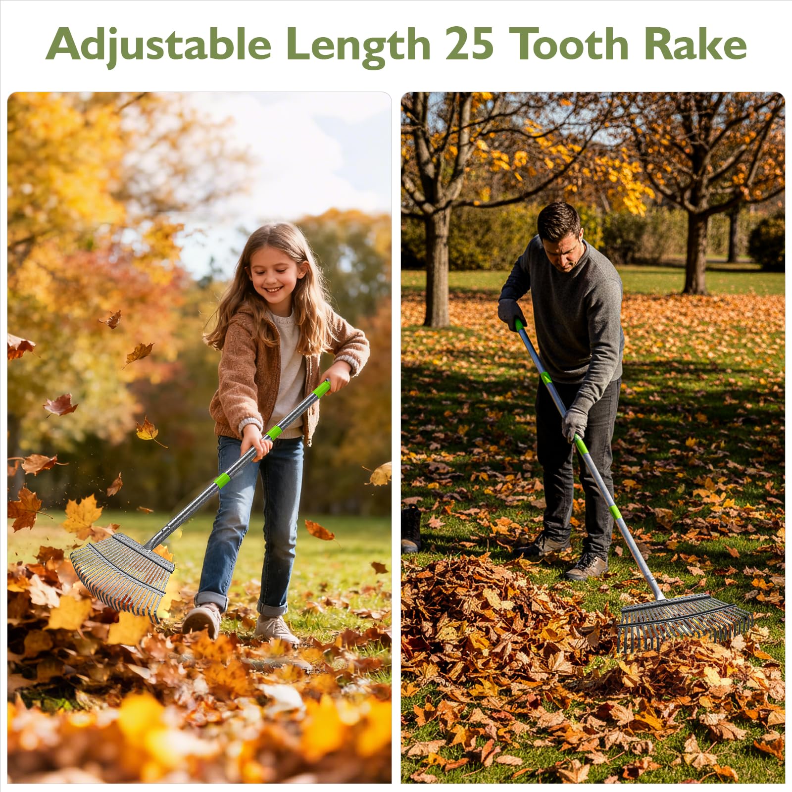 Rastrillo de Jardín para Hojas, 25+11 Dientes Doble Cabeza, Mango Ajustable 70-185 cm, de Alta Resistencia para Jardín, Césped, Suelo y Malezas, Incluye 2 Pares de Guantes | Mango ajustable (70 – 185 cm), hoja resistente, rastrillo de jardín para hojas, c